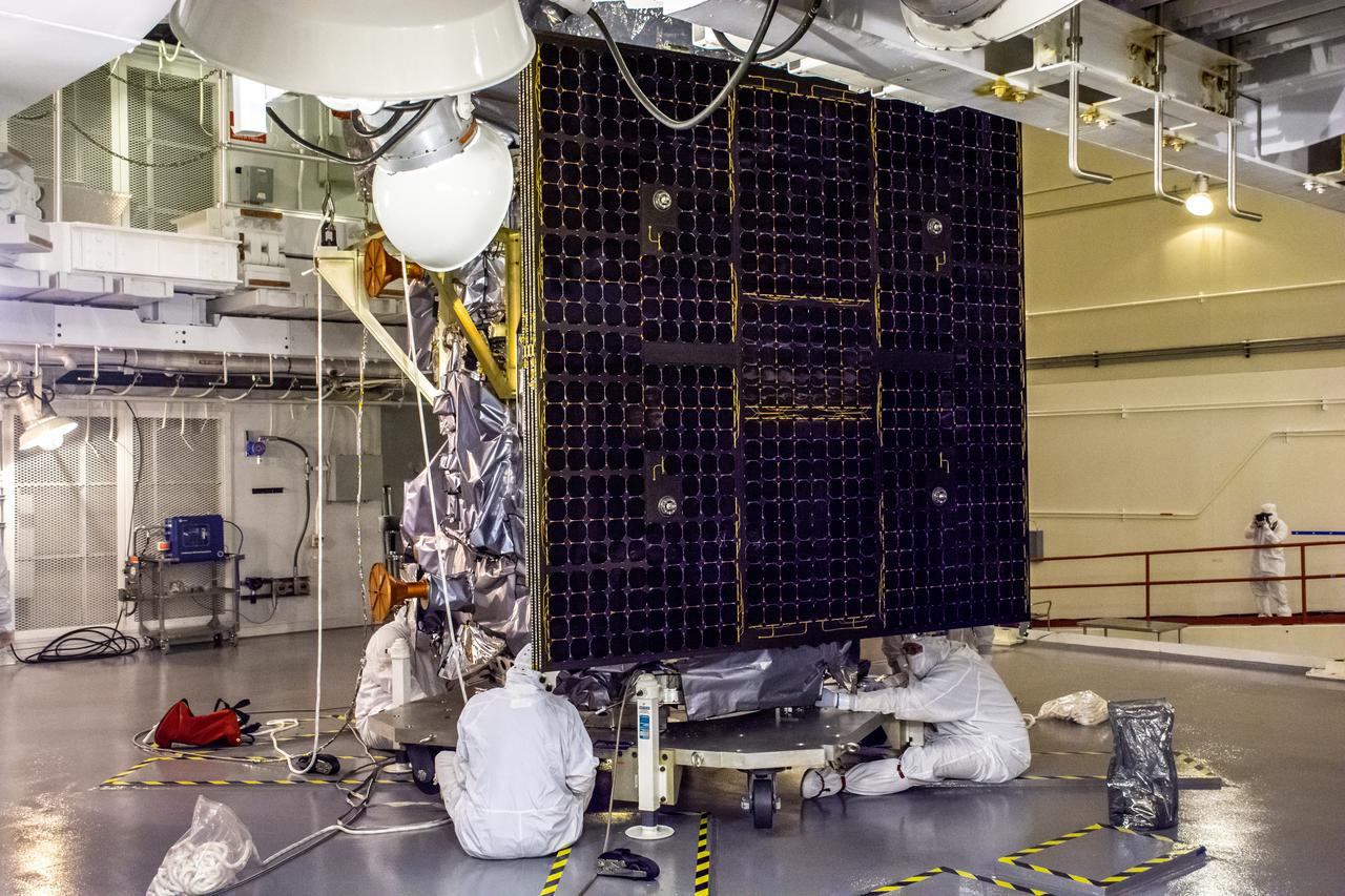 Technicians prepare NASA’s Landsat 9 spacecraft for its move from the high bay to Cell 3 inside the Integrated Processing Facility at Vandenberg Space Force Base in California, on July 20, 2021. Landsat 9 will launch on a United Launch Alliance Atlas V rocket from Space Launch Complex 3 at Vandenberg in September 2021. The launch is being managed by NASA’s Launch Services Program based at Kennedy Space Center, America’s multi-user spaceport. The Landsat 9 satellite will continue the nearly 50-year legacy of previous Landsat missions. It will monitor key natural and economic resources from orbit. Landsat 9 is managed by the agency’s Goddard Space Flight Center in Greenbelt, Maryland. The satellite will carry two instruments: the Operational Land Imager 2, which collects images of Earth’s landscapes in visible, near infrared and shortwave infrared light, and the Thermal Infrared Sensor 2, which measures the temperature of land surfaces. Like its predecessors, Landsat 9 is a joint mission between NASA and the U.S. Geological Survey. 