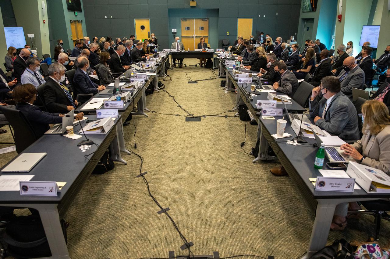 NASA and Boeing managers take part in the Flight Readiness Review for Boeing's upcoming Orbital Flight Test-2 (OFT-2) in Operations Support Building 2 at NASA's Kennedy Space Center in Florida, July 22, 2021. Boeing's CST-100 Starliner spacecraft will launch atop a United Launch Alliance Atlas V rocket from Space Launch Complex 41 at Cape Canaveral Space Force Station at 2:53 p.m. EDT Friday, July 30. The uncrewed OFT-2 will be the Starliner's second flight to the International Space Station for NASA's Commercial Crew Program.