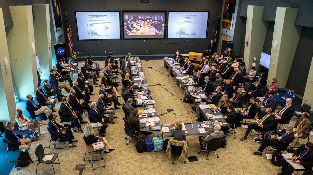 NASA and Boeing managers take part in the Flight Readiness Review for Boeing's upcoming Orbital Flight Test-2 (OFT-2) in Operations Support Building 2 at NASA's Kennedy Space Center in Florida, July 22, 2021. Boeing's CST-100 Starliner spacecraft will launch atop a United Launch Alliance Atlas V rocket from Space Launch Complex 41 at Cape Canaveral Space Force Station at 2:53 p.m. EDT Friday, July 30. The uncrewed OFT-2 will be the Starliner's second flight to the International Space Station for NASA's Commercial Crew Program.