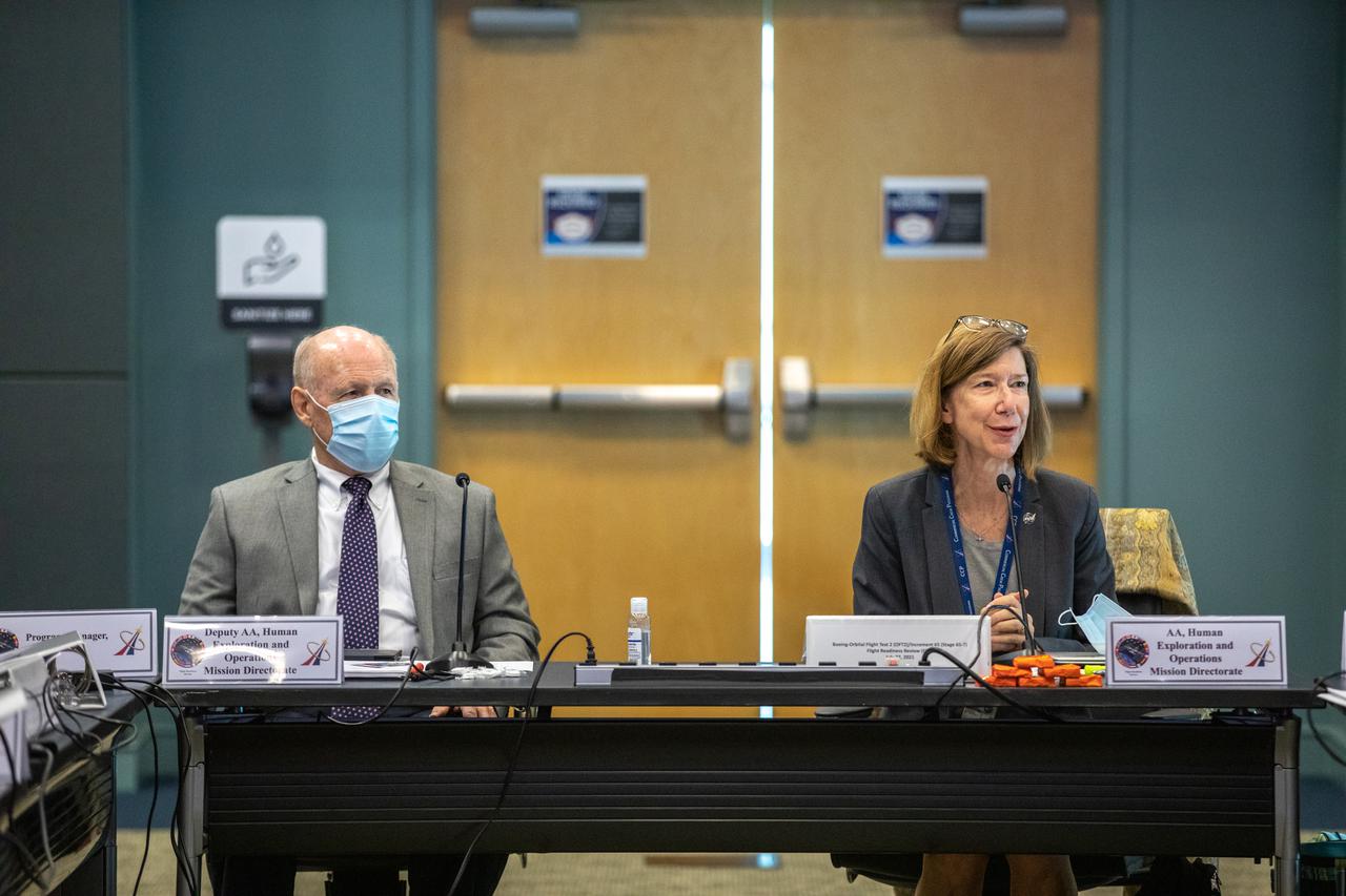 Deputy Associate Administrator of the Human Exploration and Operations (HEO) Mission Directorate Ken Bowersox (left) and Associate Administrator of the Human Exploration and Operations (HEO) Mission Directorate Kathryn Lueders take part in the Flight Readiness Review for Boeing's upcoming Orbital Flight Test-2 (OFT-2) in Operations Support Building 2 at NASA's Kennedy Space Center in Florida, July 22, 2021. Boeing's CST-100 Starliner spacecraft will launch atop a United Launch Alliance Atlas V rocket from Space Launch Complex 41 at Cape Canaveral Space Force Station at 2:53 p.m. EDT Friday, July 30. The uncrewed OFT-2 will be the Starliner's second flight to the International Space Station for NASA's Commercial Crew Program. 