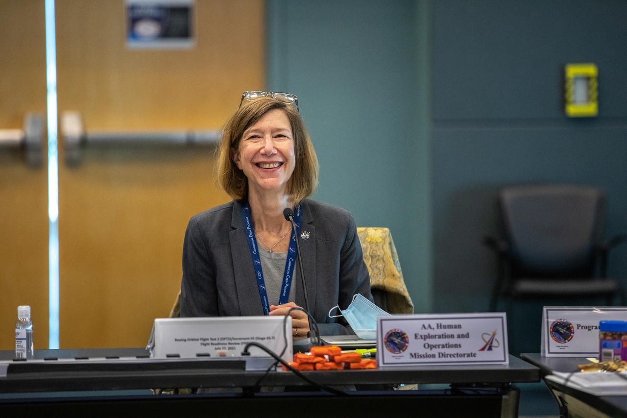 Associate Administrator of the Human Exploration and Operations (HEO) Mission Directorate Kathryn Lueders takes part in the Flight Readiness Review for Boeing's upcoming Orbital Flight Test-2 (OFT-2) in Operations Support Building 2 at NASA's Kennedy Space Center in Florida, July 22, 2021. Boeing's CST-100 Starliner spacecraft will launch atop a United Launch Alliance Atlas V rocket from Space Launch Complex 41 at Cape Canaveral Space Force Station at 2:53 p.m. EDT Friday, July 30. The uncrewed OFT-2 will be the Starliner's second flight to the International Space Station for NASA's Commercial Crew Program. 