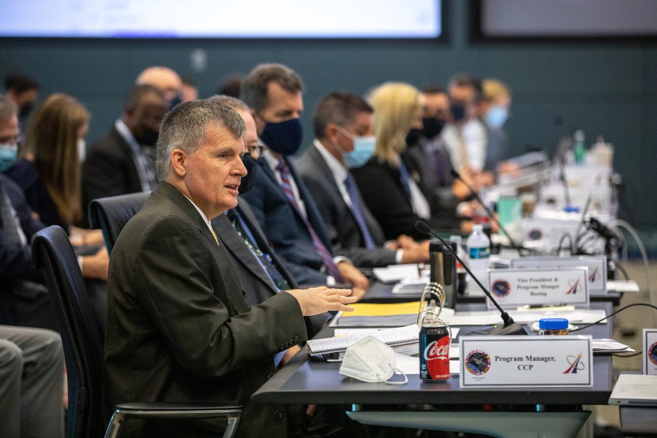 Commercial Crew Program Manager Steve Stich takes part in the Flight Readiness Review for Boeing's upcoming Orbital Flight Test-2 (OFT-2) in Operations Support Building 2 at NASA's Kennedy Space Center in Florida, July 22, 2021. Boeing's CST-100 Starliner spacecraft will launch atop a United Launch Alliance Atlas V rocket from Space Launch Complex 41 at Cape Canaveral Space Force Station at 2:53 p.m. EDT Friday, July 30. The uncrewed OFT-2 will be the Starliner's second flight to the International Space Station for NASA's Commercial Crew Program.