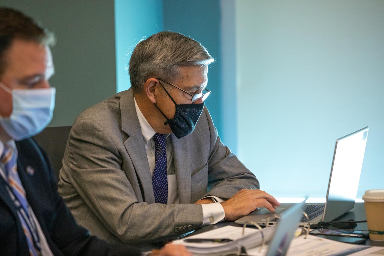 NASA Associate Administrator Bob Cabana takes part in the Flight Readiness Review for Boeing's upcoming Orbital Flight Test-2 (OFT-2) in Operations Support Building 2 at NASA's Kennedy Space Center in Florida, July 22, 2021. Boeing's CST-100 Starliner spacecraft will launch atop a United Launch Alliance Atlas V rocket from Space Launch Complex 41 at Cape Canaveral Space Force Station at 2:53 p.m. EDT Friday, July 30. The uncrewed OFT-2 will be the Starliner's second flight to the International Space Station for NASA's Commercial Crew Program.