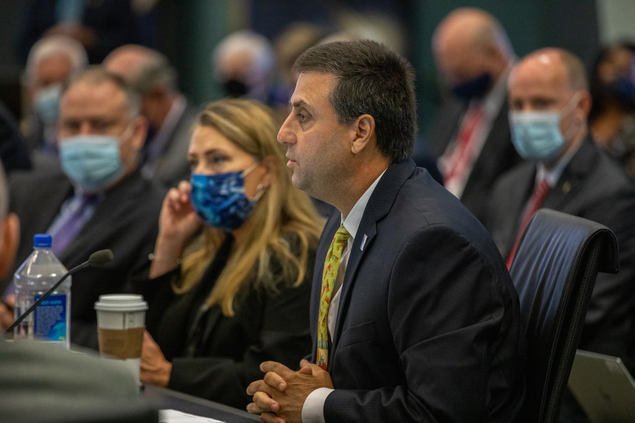 International Space Station Program Manager Joel Montalbano takes part in the Flight Readiness Review for Boeing's upcoming Orbital Flight Test-2 (OFT-2) in Operations Support Building 2 at NASA's Kennedy Space Center in Florida, July 22, 2021. Boeing's CST-100 Starliner spacecraft will launch atop a United Launch Alliance Atlas V rocket from Space Launch Complex 41 at Cape Canaveral Space Force Station at 2:53 p.m. EDT Friday, July 30. The uncrewed OFT-2 will be the Starliner's second flight to the International Space Station for NASA's Commercial Crew Program. 