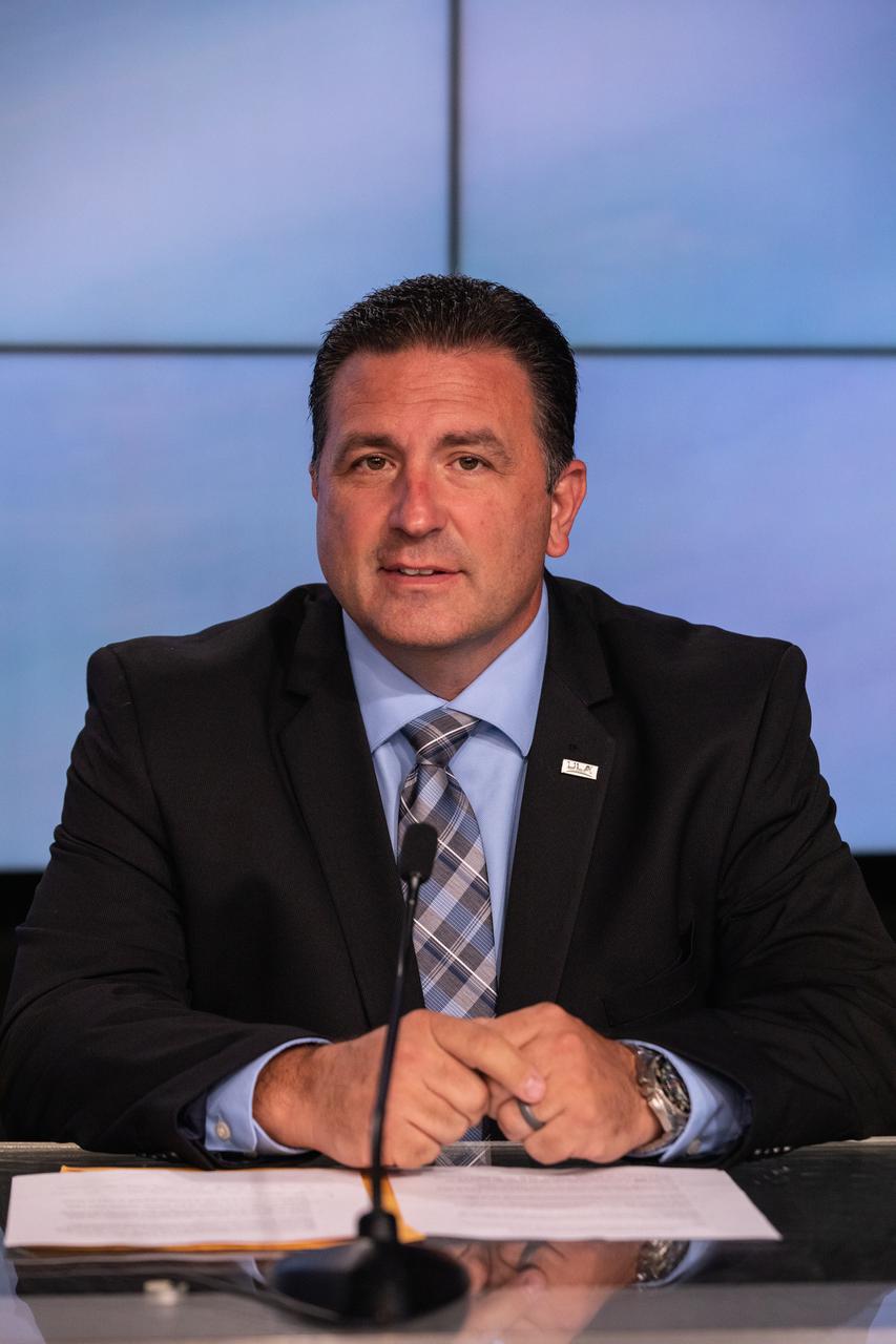 Gary Wentz, vice president, Government and Commercial Programs, United Launch Alliance (ULA), participates in a prelaunch briefing for Boeing’s Orbital Flight Test-2 (OFT-2) at the agency’s Kennedy Space Center in Florida, July 27, 2021. Boeing’s CST-100 Starliner spacecraft will launch atop a ULA Atlas V rocket from Space Launch Complex-41 at Cape Canaveral Space Force Station on a mission to dock with the space station. The uncrewed OFT-2 will be the Starliner’s second flight for NASA’s Commercial Crew Program.