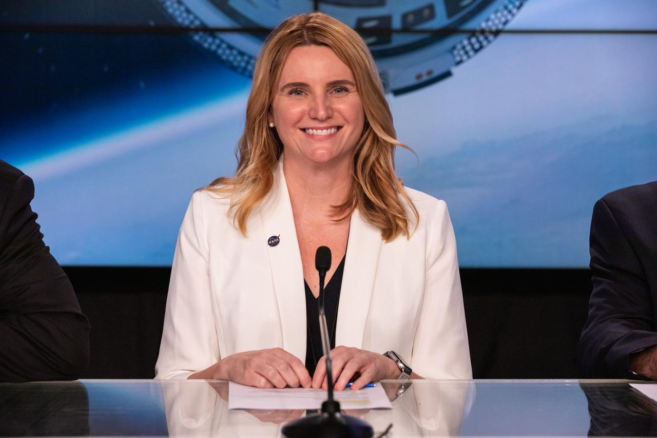 Jennifer Buchli, deputy chief scientist, NASA’s International Space Station Program, participates in a prelaunch briefing for Boeing’s Orbital Flight Test-2 (OFT-2) at the agency’s Kennedy Space Center in Florida, July 27, 2021. Boeing’s CST-100 Starliner spacecraft will launch atop a United Launch Alliance Atlas V rocket from Space Launch Complex-41 at Cape Canaveral Space Force Station. The uncrewed OFT-2 will be the Starliner’s second flight for NASA’s Commercial Crew Program.