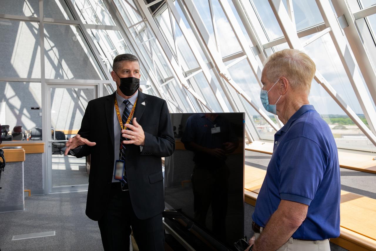 Jeremy Graeber, left, chief of the Test, Launch, and Recovery Operations Branch within the agency’s Exploration Ground Systems Program, speaks with NASA Administrator Bill Nelson inside the Launch Control Center (LCC) at the agency’s Kennedy Space Center in Florida on July 28, 2021. During Nelson’s visit to Kennedy, he had the opportunity to tour the LCC and learn about the launch team as preparations for Artemis I continue. The first in an increasingly complex set of missions, Artemis I will test SLS and Orion as an integrated system prior to crewed flights to the Moon. Through Artemis, NASA will land the first woman and first person of color on the lunar surface, as well as establish a sustainable presence on and around the Moon.