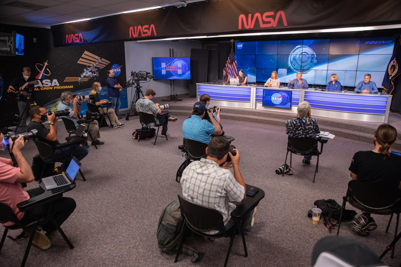 NASA officials take questions from members of the media in the Kennedy Space Center’s Press Site auditorium in Florida during the NASA Administrator Media Briefing ahead of Boeing’s Orbital Flight Test-2 (OFT-2), July 29, 2021. From left to right are Jackie McGuinness, NASA Press Secretary; Janet Petro, director, NASA’s Kennedy Space Center; NASA Administrator Bill Nelson; NASA Deputy Administrator Pam Melroy; NASA Associate Administrator Bob Cabana. The uncrewed OFT-2 will be the Starliner’s second flight for NASA’s Commercial Crew Program.
