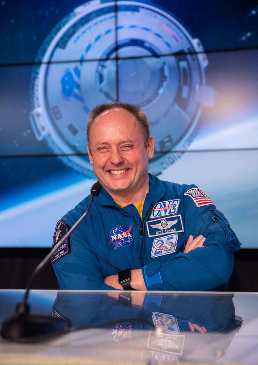E. Michael “Mike” Fincke, NASA astronaut, Crew Flight Test, participates in a crew and science media briefing ahead of Boeing’s Orbital Flight Test-2 (OFT-2) during a crew and science briefing at the agency’s Kennedy Space Center in Florida, July 29, 2021. Boeing’s CST-100 Starliner spacecraft will launch atop a United Launch Alliance Atlas V rocket from Space Launch Complex-41 at Cape Canaveral Space Force Station. The uncrewed OFT-2 will be the Starliner’s second flight for NASA’s Commercial Crew Program.