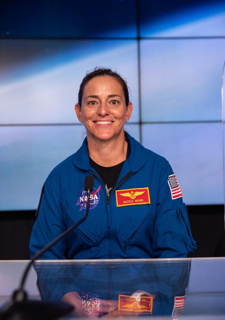 Nicole Mann, NASA astronaut, Crew Flight Test, participates in a crew and science media briefing ahead of Boeing’s Orbital Flight Test-2 (OFT-2) during a crew and science briefing at the agency’s Kennedy Space Center in Florida, July 29, 2021. Boeing’s CST-100 Starliner spacecraft will launch atop a United Launch Alliance Atlas V rocket from Space Launch Complex-41 at Cape Canaveral Space Force Station. The uncrewed OFT-2 will be the Starliner’s second flight for NASA’s Commercial Crew Program.