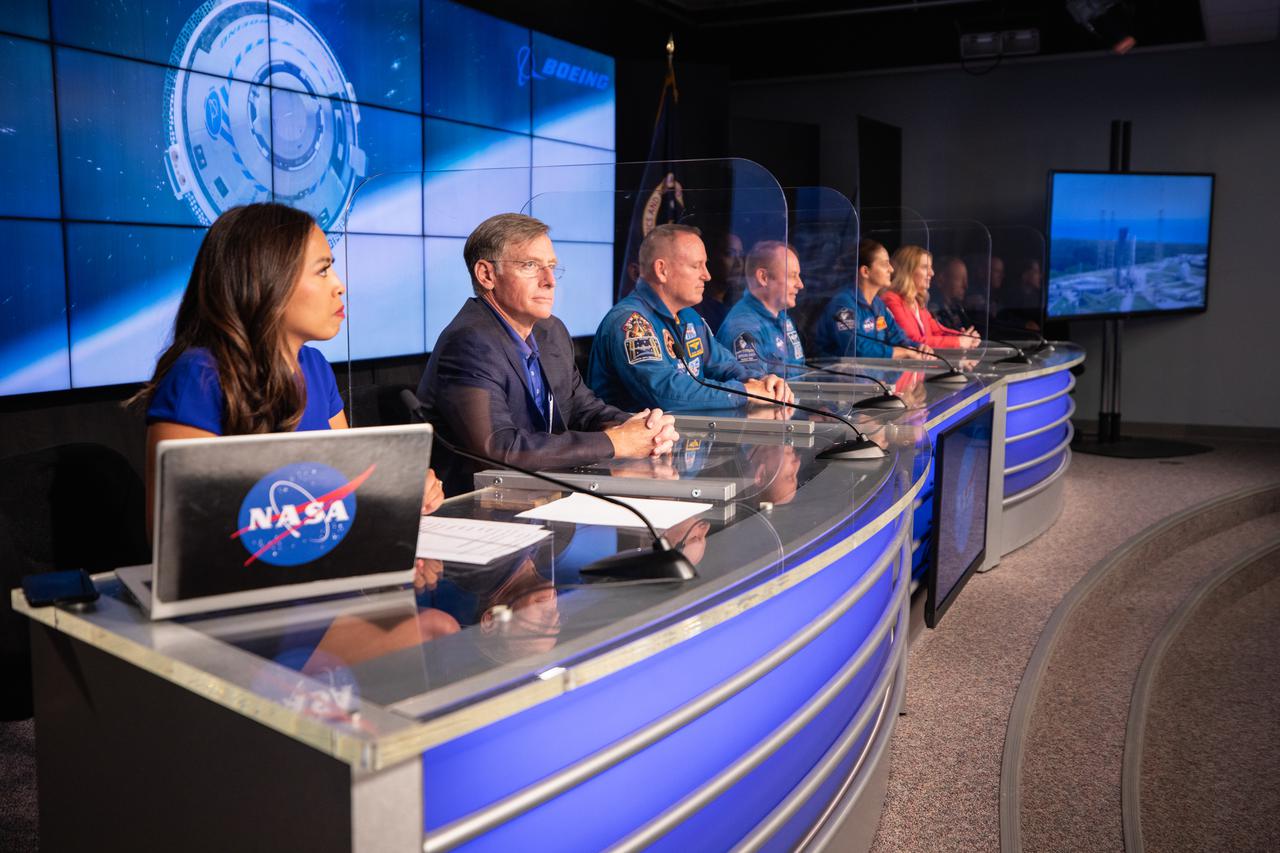 Officials from NASA participate in a crew and science media briefing ahead or Boeing’s Orbital Flight Test-2 (OFT-2) at the agency’s Kennedy Space Center in Florida, July 29, 2021. From left to right are Megan Cruz, NASA Communications; Chris Ferguson, director, Starliner Mission Operations and Integration/Crew Systems; Barry “Butch” Wilmore, NASA astronaut, Crew Flight Test; E. Michael “Mike” Fincke, NASA astronaut, Crew Flight Test; Nicole Mann, NASA astronaut, Crew Flight Test; Jennifer Buchli, deputy chief scientist, NASA’s International Space Station Program. Boeing’s CST-100 Starliner spacecraft will launch atop a ULA Atlas V rocket from Space Launch Complex-41 at Cape Canaveral Space Force Station on a mission to dock with the space station. The uncrewed OFT-2 will be the Starliner’s second flight for NASA’s Commercial Crew Program. 