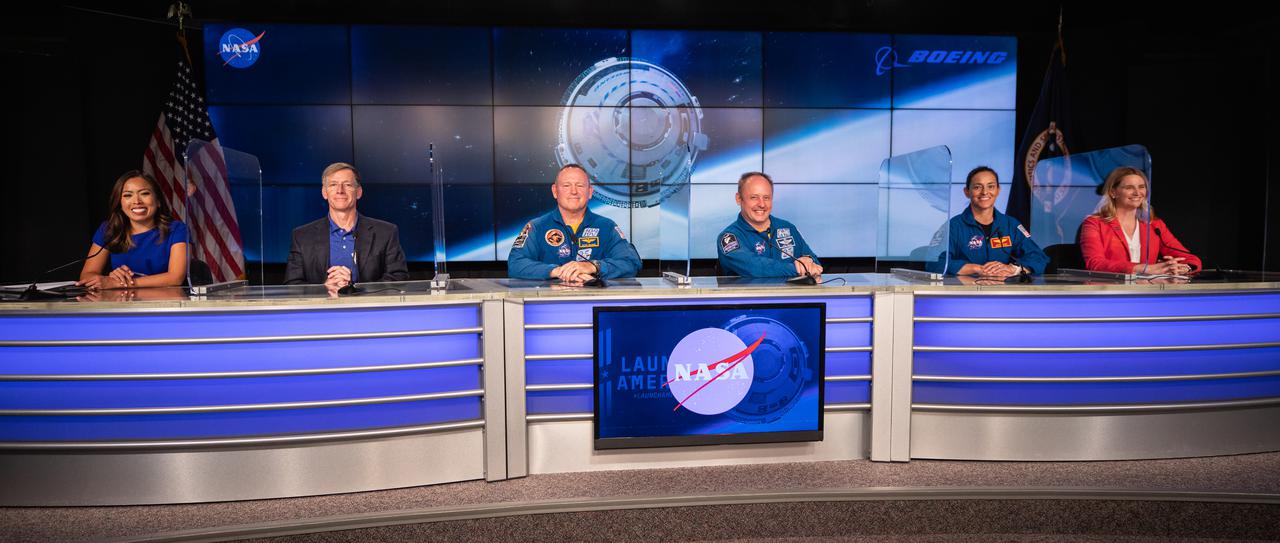 Officials from NASA participate in a crew and science media briefing ahead or Boeing’s Orbital Flight Test-2 (OFT-2) at the agency’s Kennedy Space Center in Florida, July 29, 2021. From left to right are Megan Cruz, NASA Communications; Chris Ferguson, director, Starliner Mission Operations and Integration/Crew Systems; Barry “Butch” Wilmore, NASA astronaut, Crew Flight Test; E. Michael “Mike” Fincke, NASA astronaut, Crew Flight Test; Nicole Mann, NASA astronaut, Crew Flight Test; Jennifer Buchli, deputy chief scientist, NASA’s International Space Station Program. Boeing’s CST-100 Starliner spacecraft will launch atop a ULA Atlas V rocket from Space Launch Complex-41 at Cape Canaveral Space Force Station on a mission to dock with the space station. The uncrewed OFT-2 will be the Starliner’s second flight for NASA’s Commercial Crew Program.