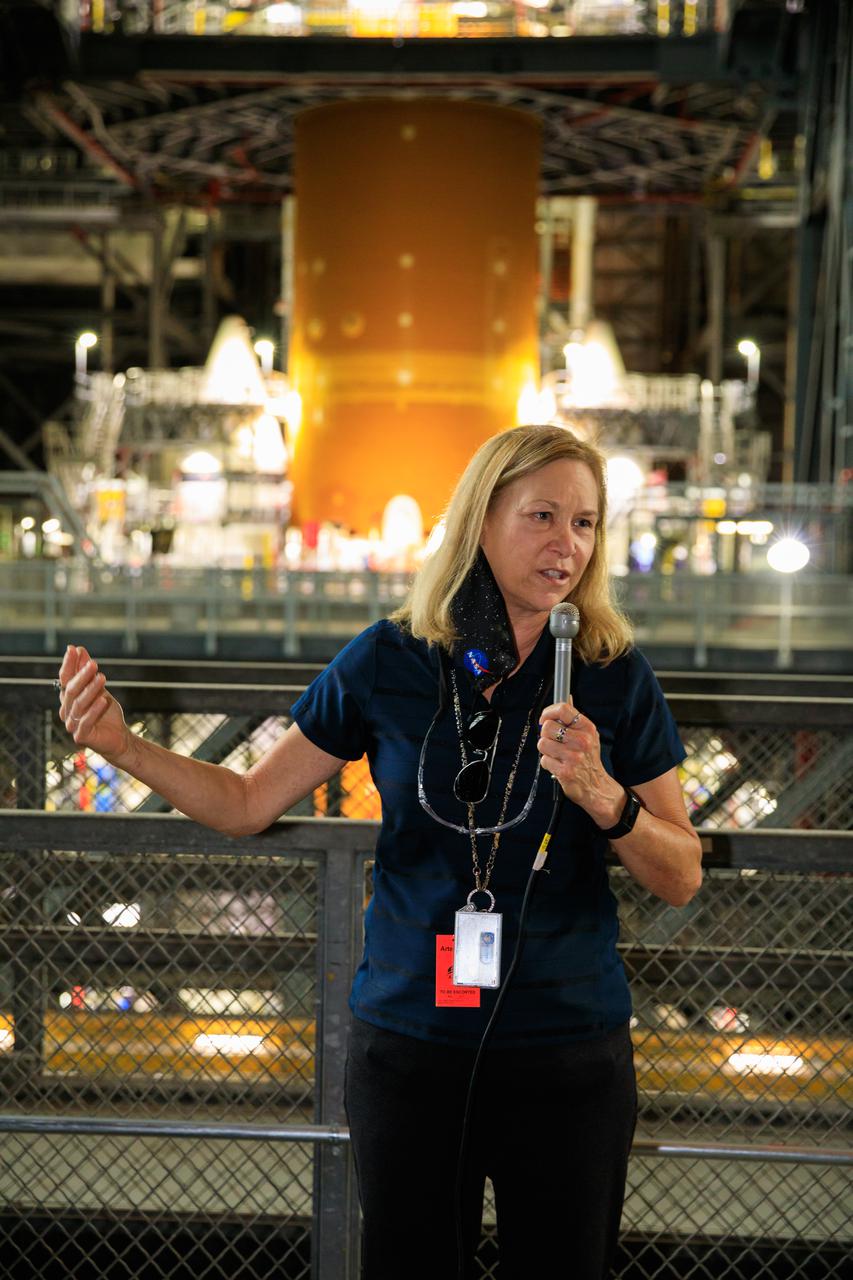 Kennedy Space Center Director Janet Petro addresses Congressional guests inside the Vehicle Assembly Building on July 30, 2021. The visitors came to the Florida spaceport to view NASA’s stacked Space Launch System rocket, which is being prepared for the Artemis I launch. During this mission, Orion will fly farther than any spacecraft built for humans has ever flown. Under Artemis, NASA will land the first woman and first person of color on the Moon and prepare for human missions to Mars.