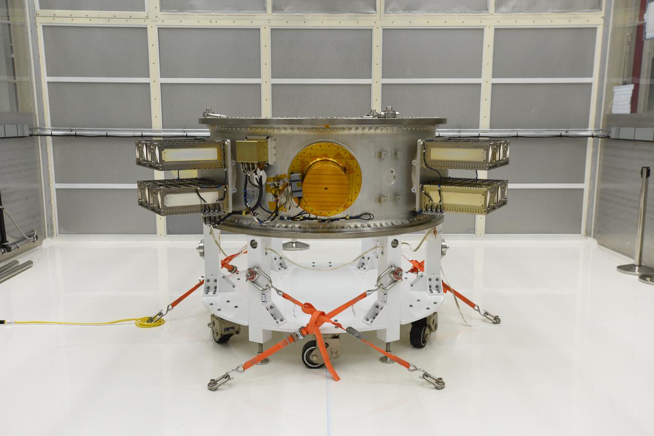 The secondary payload adapter for NASA’s Landsat 9 mission is staged for further testing at Vandenberg Space Force Base in California, on Aug. 3, 2021, before it is transported to the Integrated Processing Facility. Several secondary payloads, called CubeSats, will launch with Landsat 9 atop a United Launch Alliance Atlas V rocket from Vandenberg in September 2021. The launch is being managed by NASA’s Launch Services Program based at Kennedy Space Center, America’s multi-user spaceport. The Landsat 9 satellite will continue the nearly 50-year legacy of previous Landsat missions. It will monitor key natural and economic resources from orbit. Landsat 9 is managed by the agency’s Goddard Space Flight Center in Greenbelt, Maryland. The satellite will carry two instruments: the Operational Land Imager 2, which collects images of Earth’s landscapes in visible, near infrared and shortwave infrared light, and the Thermal Infrared Sensor 2, which measures the temperature of land surfaces. Like its predecessors, Landsat 9 is a joint mission between NASA and the U.S. Geological Survey.