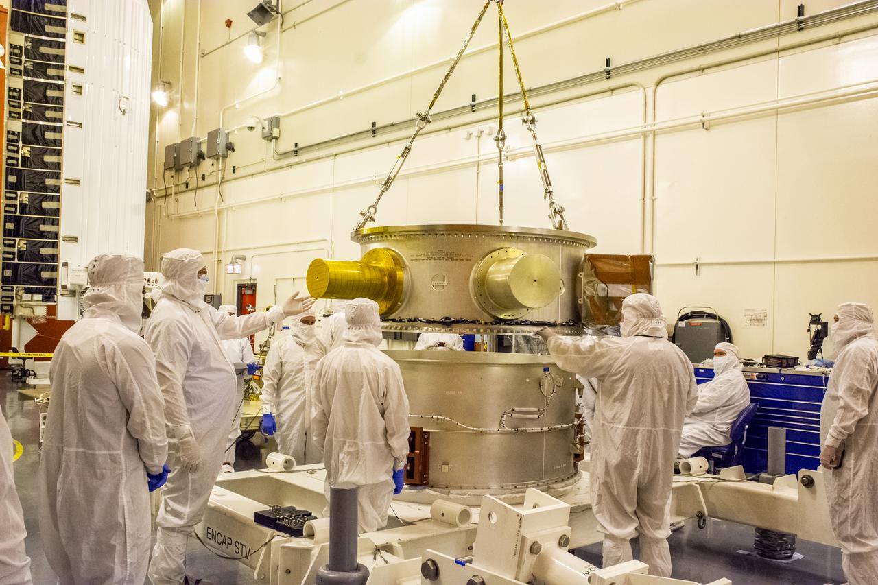The Landsat 9 EFS is mated to the C29 inside the Integrated Processing Facility at Vandenberg Space Force Base in California.