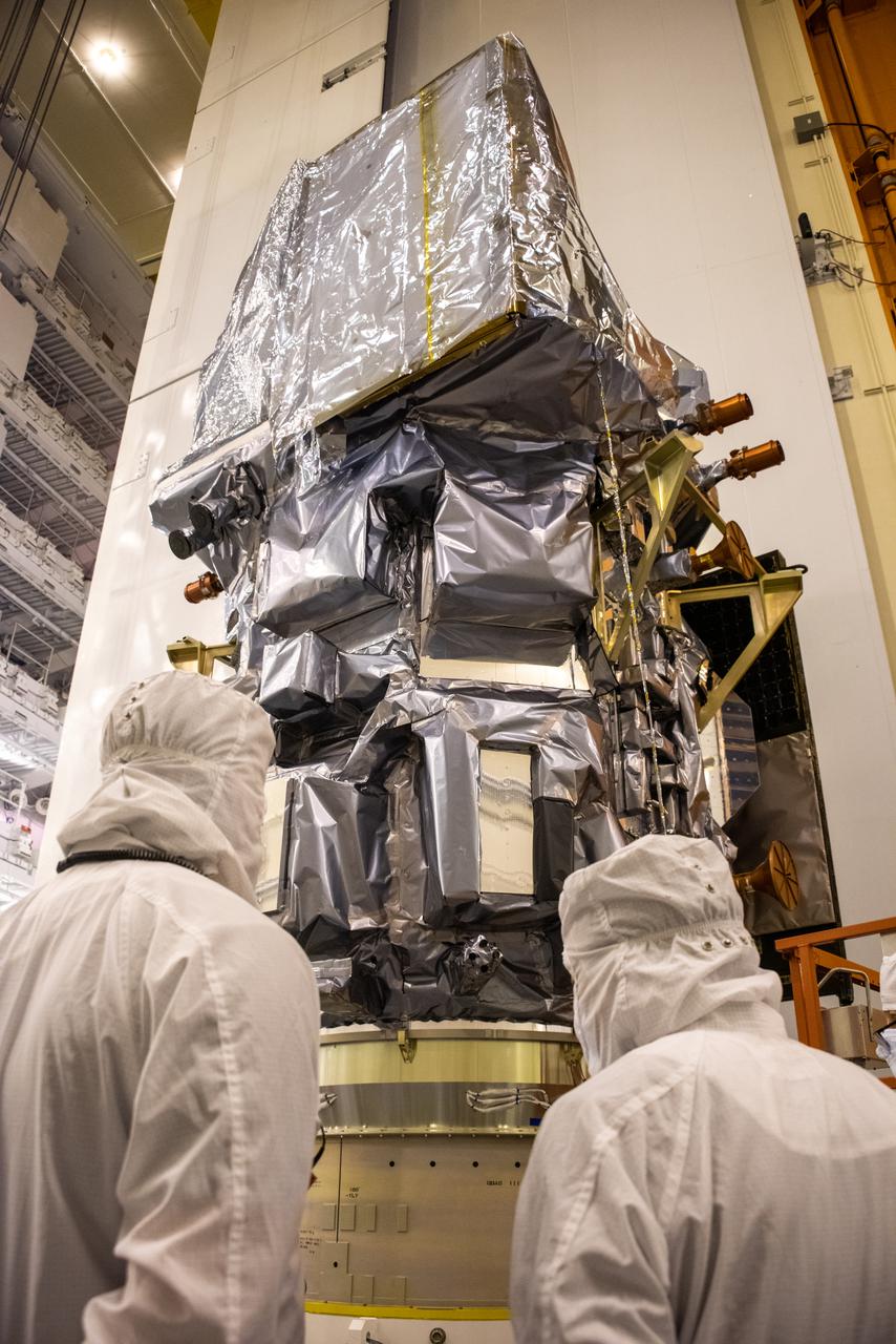 The Landsat 9 PSR to EFS C29 lift and mate inside the Integrated Processing Facility at Vandenberg Space Force Base in California.