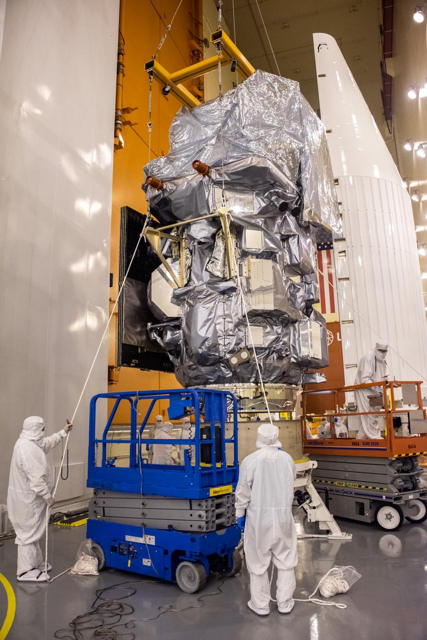 The Landsat 9 PSR to EFS C29 lift and mate inside the Integrated Processing Facility at Vandenberg Space Force Base in California.