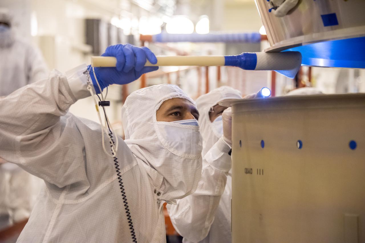 The Landsat 9 PSR to EFS C29 lift and mate inside the Integrated Processing Facility at Vandenberg Space Force Base in California.