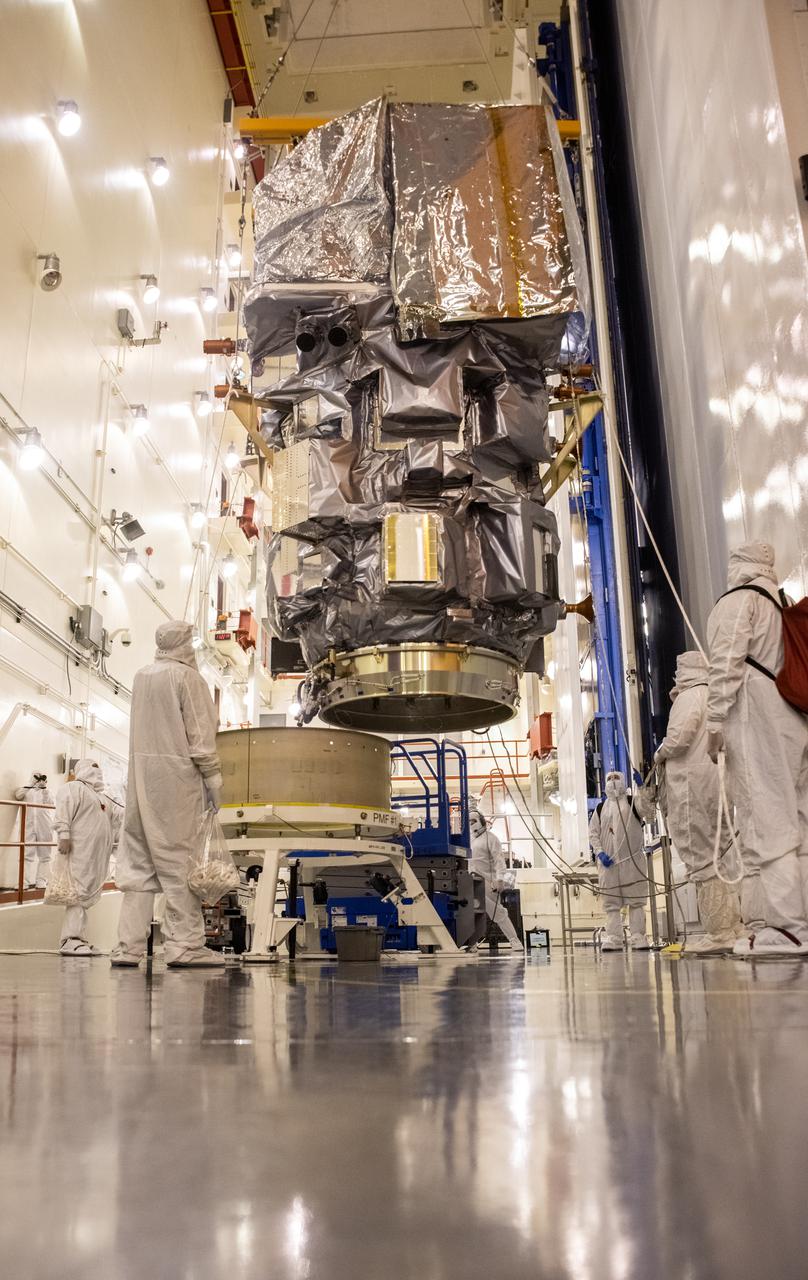 The Landsat 9 PSR to EFS C29 lift and mate inside the Integrated Processing Facility at Vandenberg Space Force Base in California.