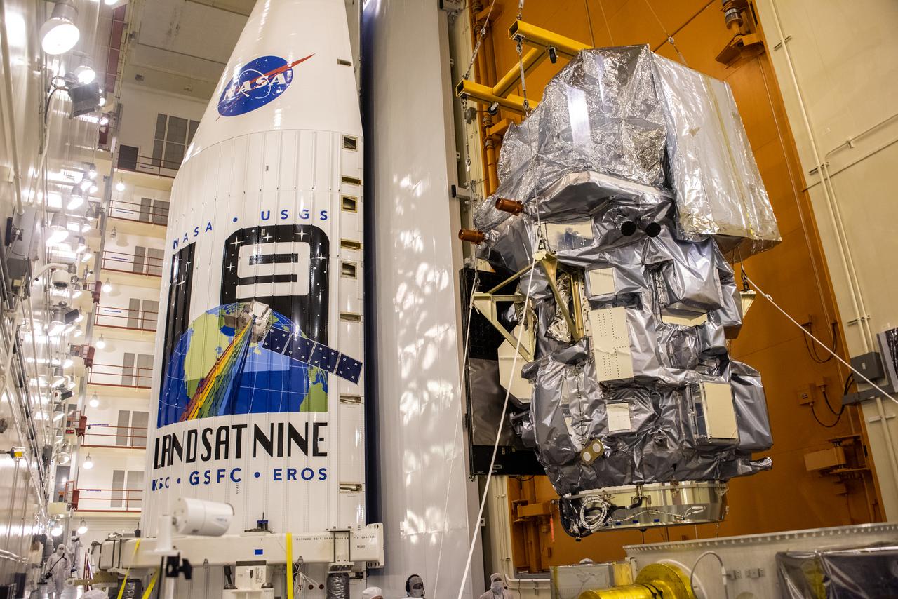 The Landsat 9 PSR to EFS C29 lift and mate inside the Integrated Processing Facility at Vandenberg Space Force Base in California.