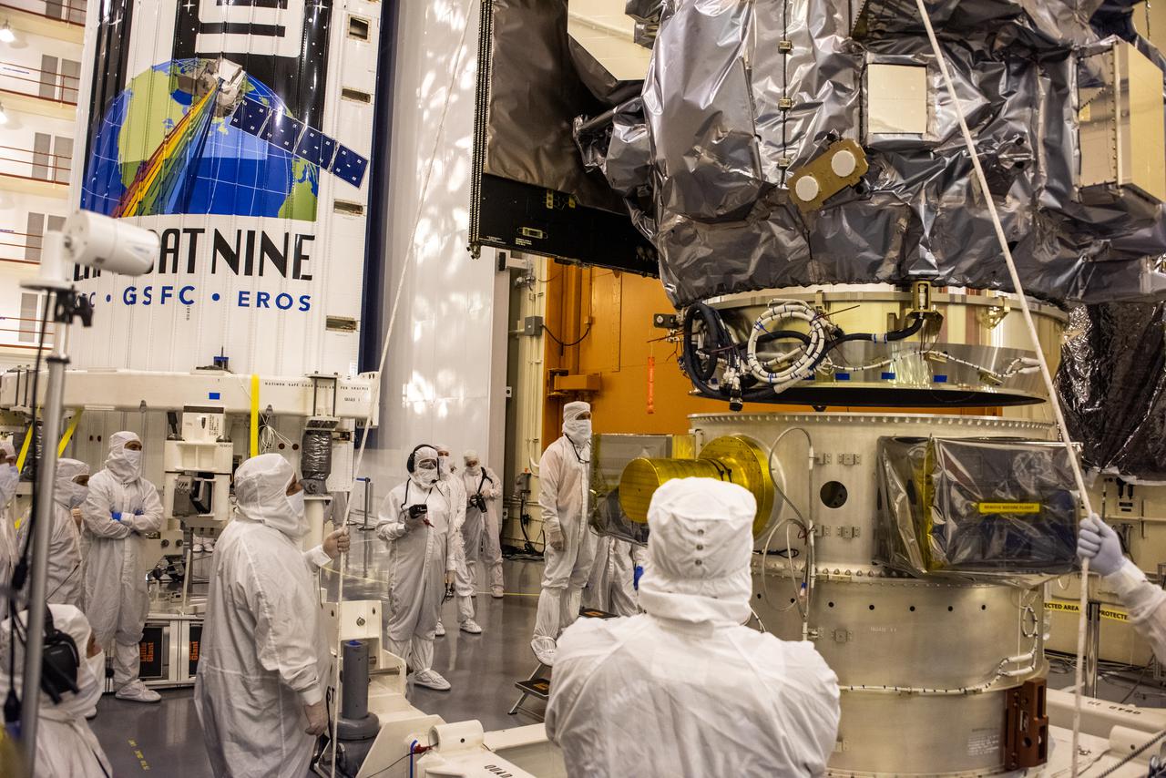The Landsat 9 PSR to EFS C29 lift and mate inside the Integrated Processing Facility at Vandenberg Space Force Base in California.