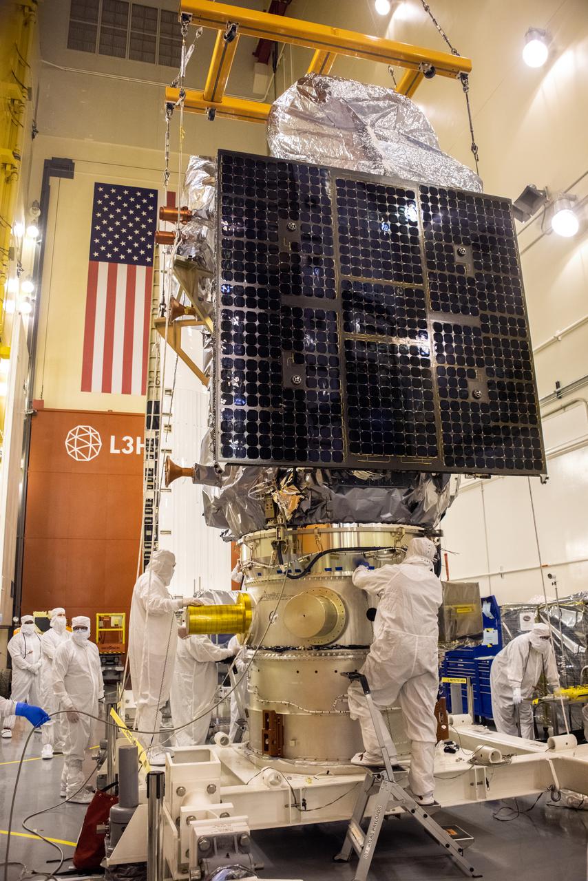The Landsat 9 PSR to EFS C29 lift and mate inside the Integrated Processing Facility at Vandenberg Space Force Base in California.