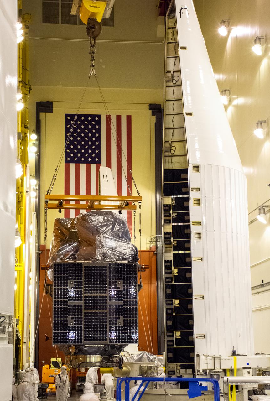 The Landsat 9 PSR to EFS C29 lift and mate inside the Integrated Processing Facility at Vandenberg Space Force Base in California.