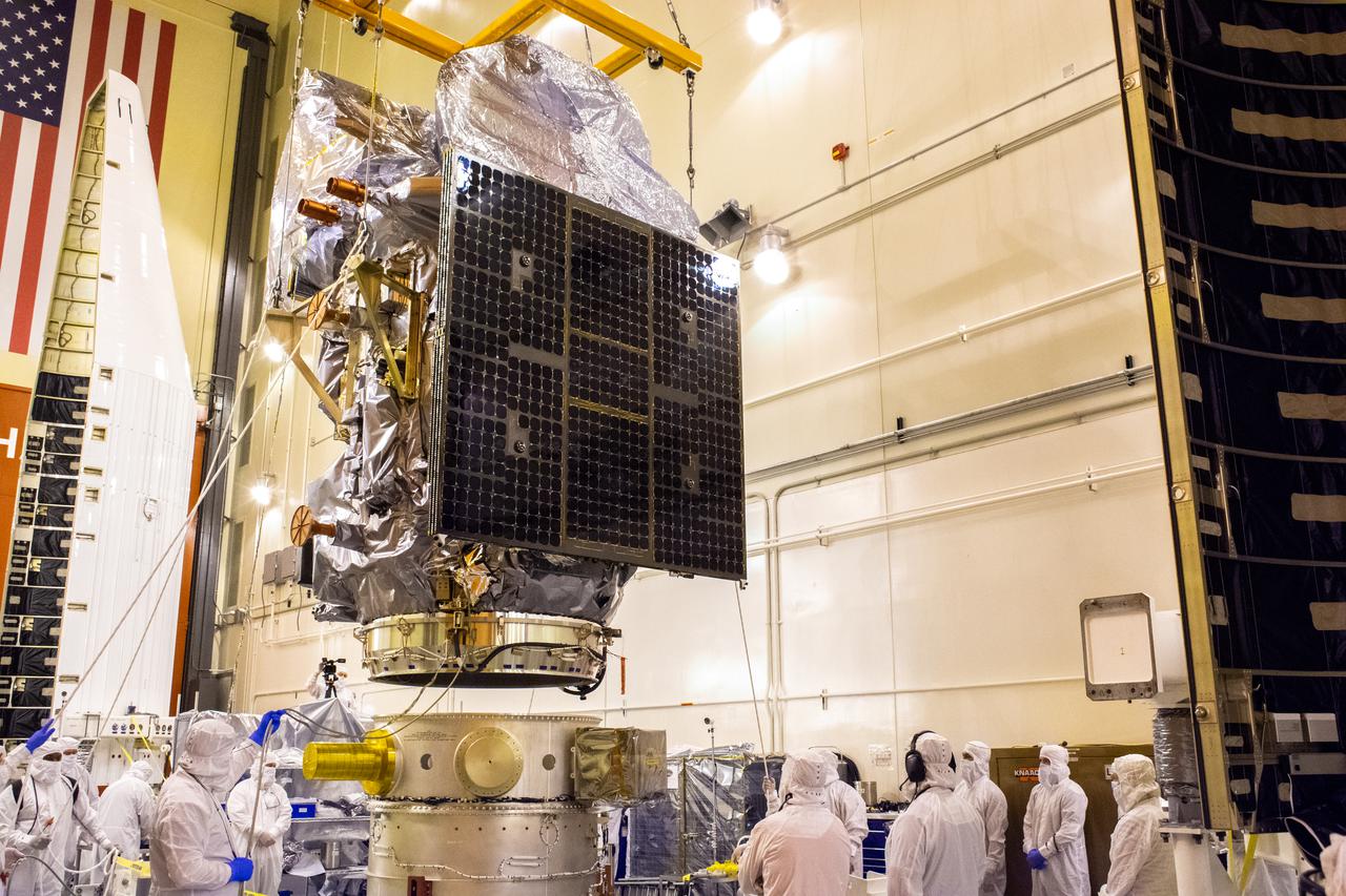 The Landsat 9 PSR to EFS C29 lift and mate inside the Integrated Processing Facility at Vandenberg Space Force Base in California.