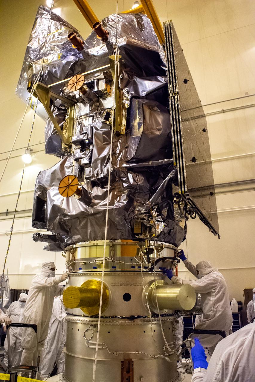 The Landsat 9 PSR to EFS C29 lift and mate inside the Integrated Processing Facility at Vandenberg Space Force Base in California.