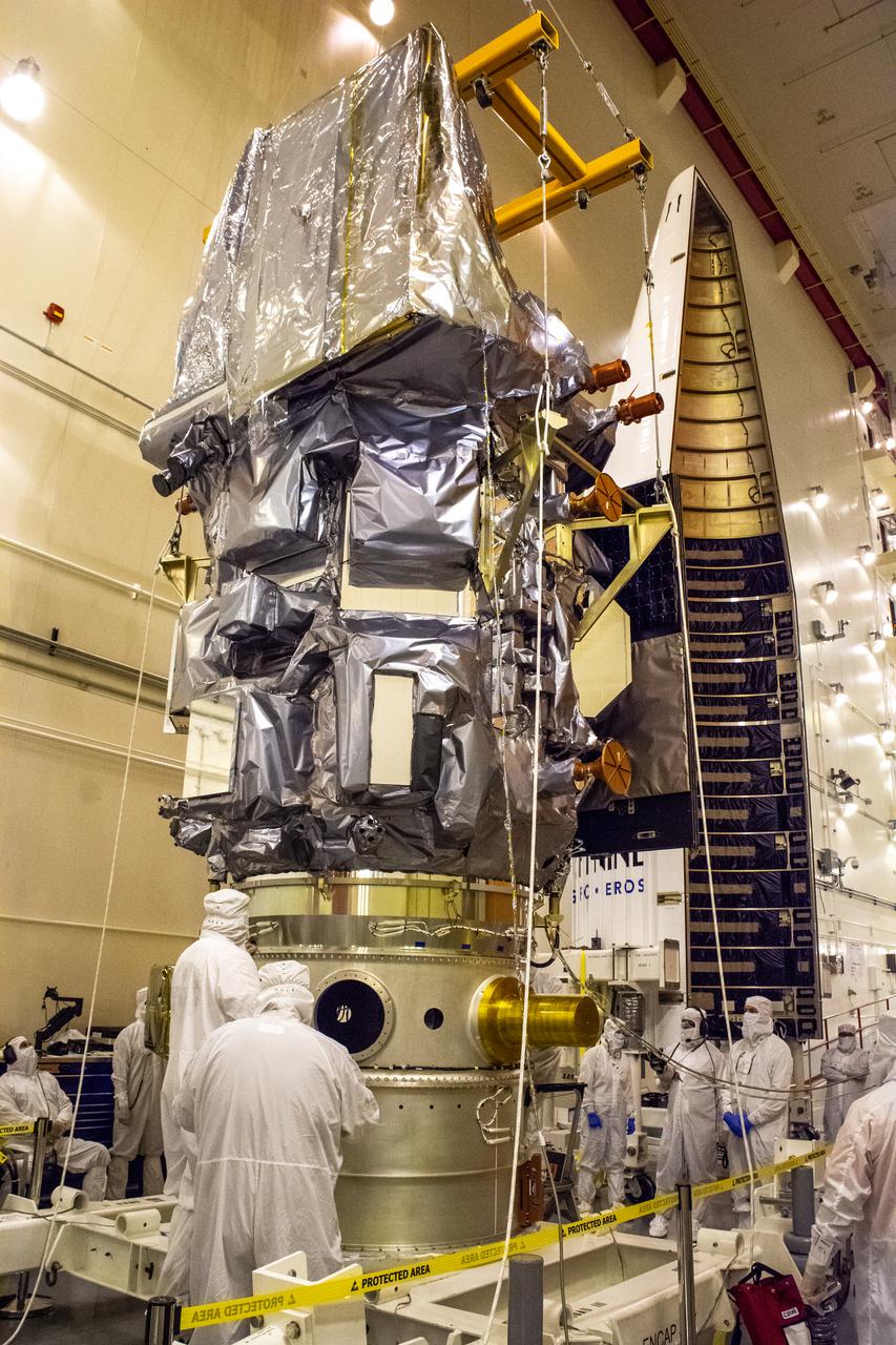 The Landsat 9 PSR to EFS C29 lift and mate inside the Integrated Processing Facility at Vandenberg Space Force Base in California.
