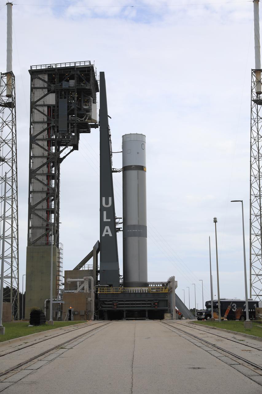A pathfinder test article of United Launch Alliance’s (ULA) Vulcan Centaur rocket is seen at Space Launch Complex 41 at Cape Canaveral Space Force Station in Florida on Aug. 26, 2021. The pathfinder booster is undergoing a series of fueling tests to validate the infrastructure in place at the launch pad and allow the launch team to rehearse countdown operations before the Vulcan’s first flight.