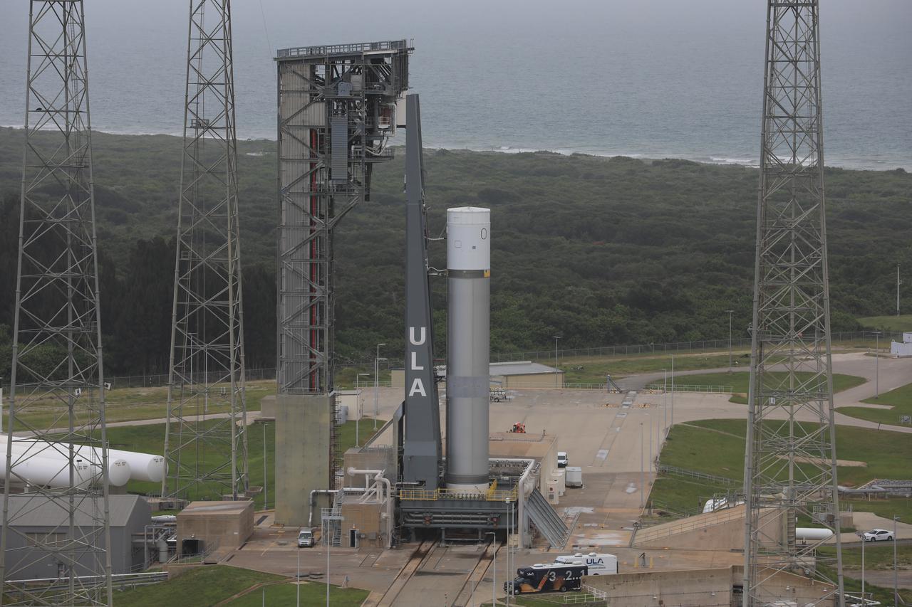 A pathfinder test article of United Launch Alliance’s (ULA) Vulcan Centaur rocket is seen at Space Launch Complex 41 at Cape Canaveral Space Force Station in Florida on Aug. 26, 2021. The pathfinder booster is undergoing a series of fueling tests to validate the infrastructure in place at the launch pad and allow the launch team to rehearse countdown operations before the Vulcan’s first flight.