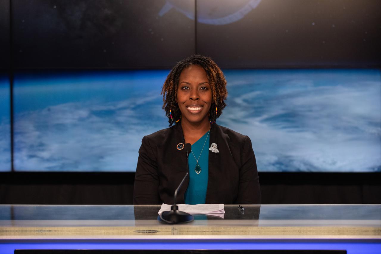 Jennifer Scott Williams, manager for the Applications Client Support Office for the International Space Station Program, participates in a prelaunch news conference for SpaceX’s 23rd commercial resupply services mission at NASA’s Kennedy Space Center in Florida on Aug. 27, 2021. The mission will deliver new science investigations, supplies, and equipment to the crew aboard the orbiting laboratory. Liftoff of the Falcon 9 rocket and Dragon spacecraft is scheduled for 3:37 a.m. EDT on Saturday, Aug. 28, from Kennedy’s Launch Complex 39A.