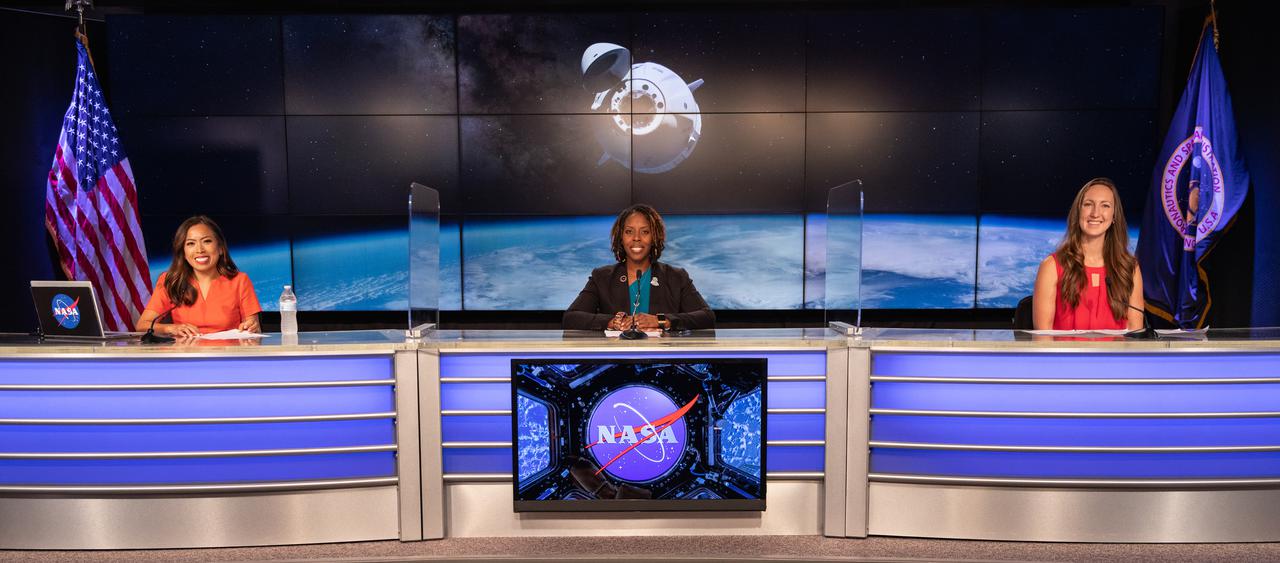 From left, NASA Communications’ Megan Cruz; Jennifer Scott Williams, manager for the Applications Client Support Office for the International Space Station Program; and Sarah Walker, director of Dragon mission management for SpaceX participate in a prelaunch news conference for SpaceX’s 23rd commercial resupply services mission at NASA’s Kennedy Space Center in Florida on Aug. 27, 2021. SpaceX’s Falcon 9 rocket, with the Dragon spacecraft atop, is targeted to lift off from Kennedy’s Launch Complex 39A at 3:37 a.m. on Saturday, Aug. 28. The mission will deliver new science investigations, supplies, and equipment to the crew aboard the International Space Station.