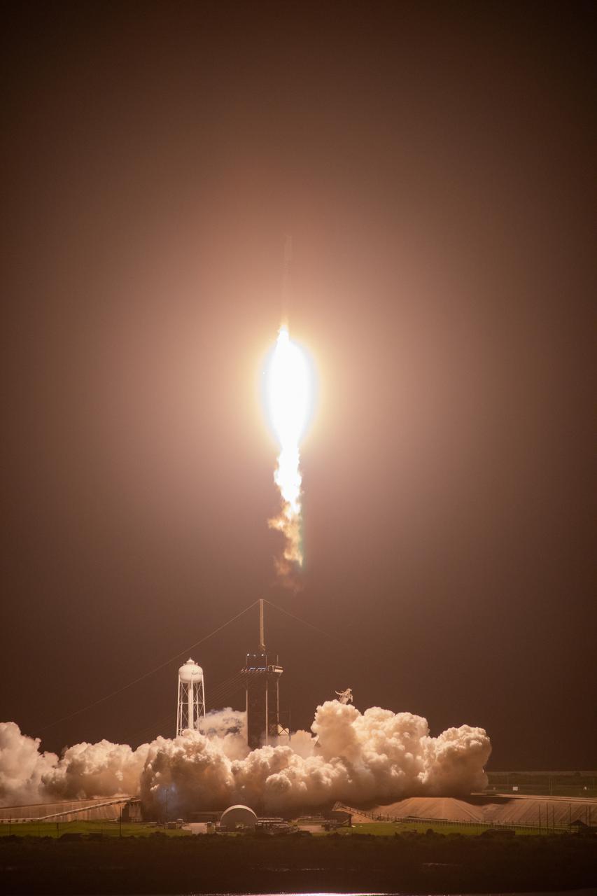 A SpaceX Falcon 9 rocket, topped with the uncrewed Dragon spacecraft, soars upward after lifting off from NASA Kennedy Space Center’s Launch Complex 39A in Florida at 3:14 a.m. on Aug. 29, 2021. Dragon will deliver new science investigations, supplies, and equipment to the International Space Station for NASA and SpaceX’s 23rd commercial resupply services mission.