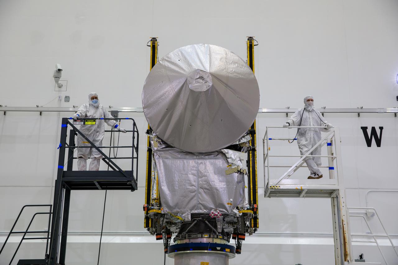 NASA’s Lucy spacecraft, with its high gain antenna attached, is on a rotation stand inside the Astrotech Space Operations Facility in Titusville, Florida on Sept. 8, 2021. Lucy is scheduled to launch no earlier than Saturday, Oct. 16, on a United Launch Alliance Atlas V 401 rocket from Launch Pad 41 at Cape Canaveral Space Force Station. NASA’s Launch Services Program based at Kennedy Space Center is managing the launch. Over its 12-year primary mission, Lucy will explore a record-breaking number of asteroids, flying by one asteroid in the solar system’s main belt and seven Trojan asteroids. Additionally, Lucy’s path will circle back to Earth three times for gravity assists, making it the first spacecraft ever to return to the vicinity of Earth from the outer solar system. 