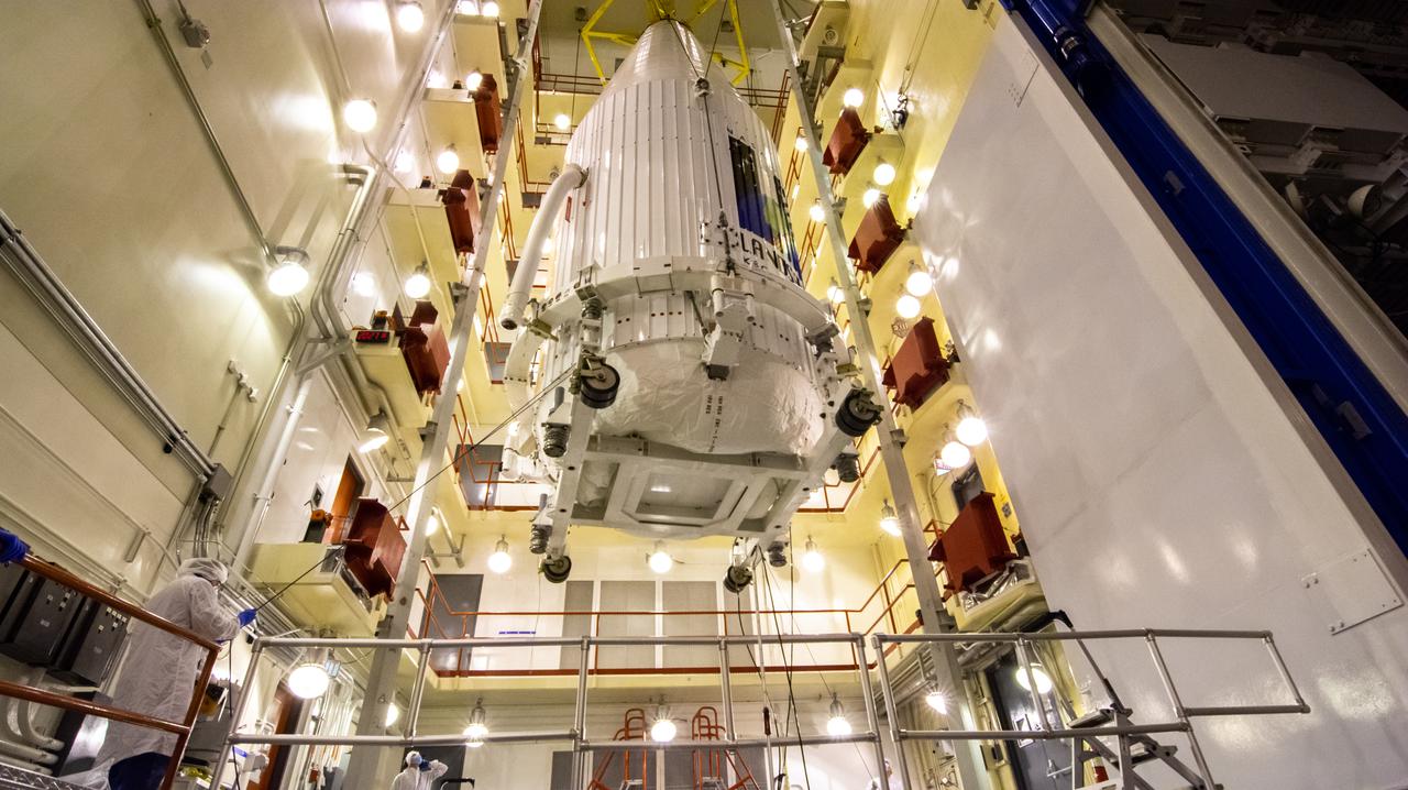 The Landsat 9 payload is hoisted out of the transfer tower inside the Integration Processing Facility at Vandenberg Space Force Base in California on Sept. 14, 2021, in preparation for transport to Vandenberg’s Space Launch Complex 3. The Landsat 9 mission launch, which is being managed by NASA’s Launch Services Program based at Kennedy Space Center in Florida, is targeted for no earlier than Sept. 27, 2021. Landsat 9 will launch on a United Launch Alliance Atlas V rocket. The satellite will monitor key natural and economic resources from orbit. Landsat 9 is a joint mission between NASA and the U.S. Geological Survey.