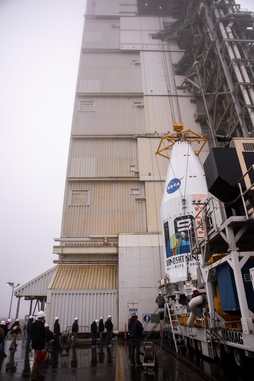 The Landsat 9 spacecraft is lifted and mated to the United Launch Alliance Atlas V rocket at Space Launch Complex 3 at Vandenberg Space Force Base in California on Sept. 15, 2021, in preparation for liftoff no earlier than Sept. 27, 2021. The launch is being managed by NASA’s Launch Services Program based at Kennedy Space Center in Florida. Landsat 9 will monitor key natural and economic resources from orbit. The satellite will carry two instruments: the Operational Land Imager 2, which collects images of Earth’s landscapes in visible, near infrared and shortwave infrared light, and the Thermal Infrared Sensor 2, which measures the temperature of land surfaces. Landsat 9 is a joint mission between NASA and the U.S. Geological Survey.