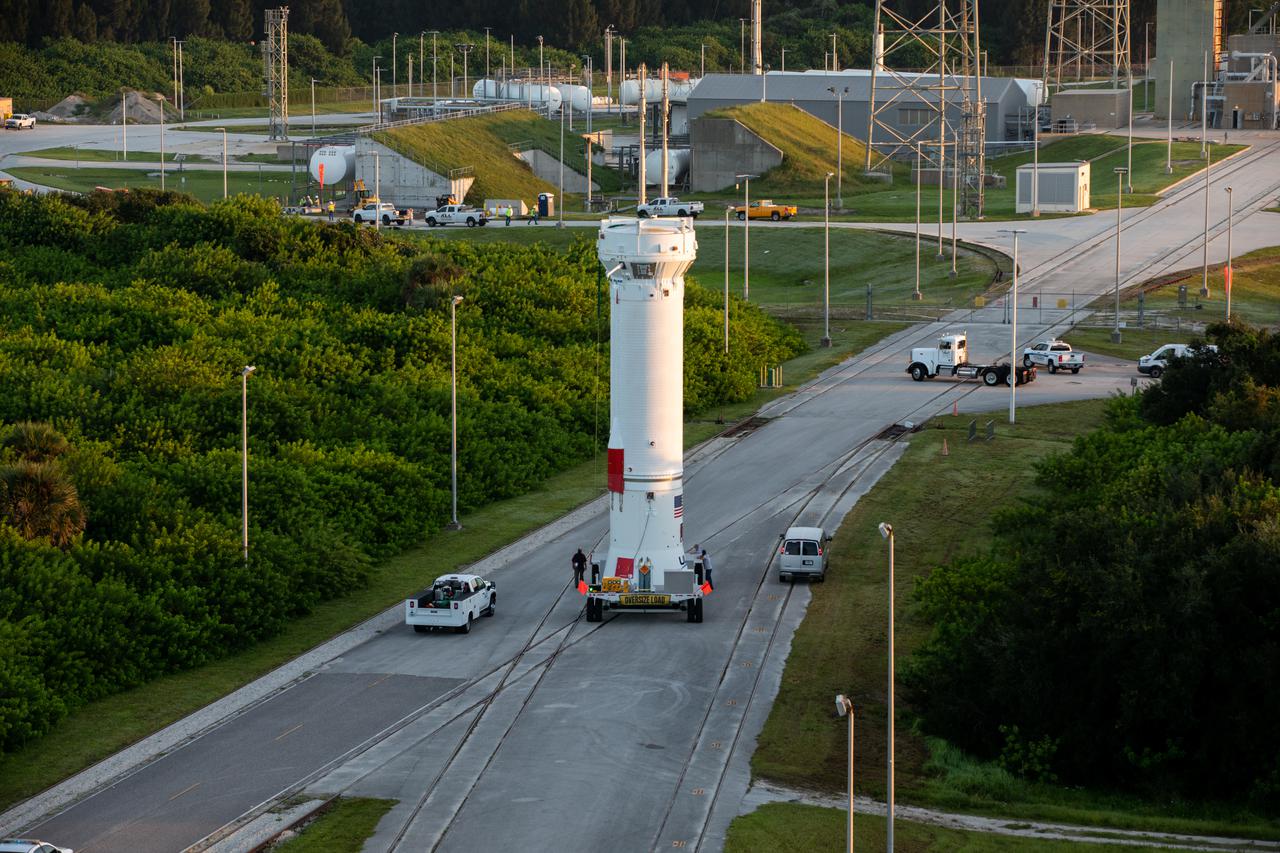 The United Launch Alliance (ULA) Centaur stage for NASA’s Lucy mission moves along the road to Space Launch Complex 41 at Cape Canaveral Space Force Station in Florida on Sept. 16, 2021. Lucy is scheduled to launch no earlier than Saturday, Oct. 16, on a ULA Atlas V 401 rocket from Pad 41. NASA’s Launch Services Program based at Kennedy Space Center is managing the launch. Over its 12-year primary mission, Lucy will explore a record-breaking number of asteroids, flying by one asteroid in the solar system’s main belt and seven Trojan asteroids. Additionally, Lucy’s path will circle back to Earth three times for gravity assists, making it the first spacecraft ever to return to the vicinity of Earth from the outer solar system.