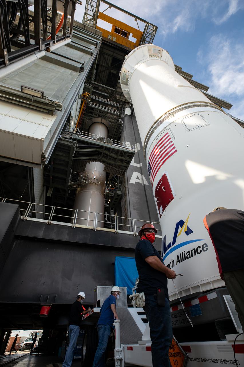 A close-up view of the United Launch Alliance (ULA) Centaur stage for NASA’s Lucy mission as it is prepared to be lifted into the Vertical Integration Facility near Space Launch Complex 41 at Cape Canaveral Space Force Station in Florida on Sept. 16, 2021. Lucy is scheduled to launch no earlier than Saturday, Oct. 16, on a ULA Atlas V 401 rocket from Pad 41. NASA’s Launch Services Program based at Kennedy Space Center is managing the launch. Over its 12-year primary mission, Lucy will explore a record-breaking number of asteroids, flying by one asteroid in the solar system’s main belt and seven Trojan asteroids. Additionally, Lucy’s path will circle back to Earth three times for gravity assists, making it the first spacecraft ever to return to the vicinity of Earth from the outer solar system. 