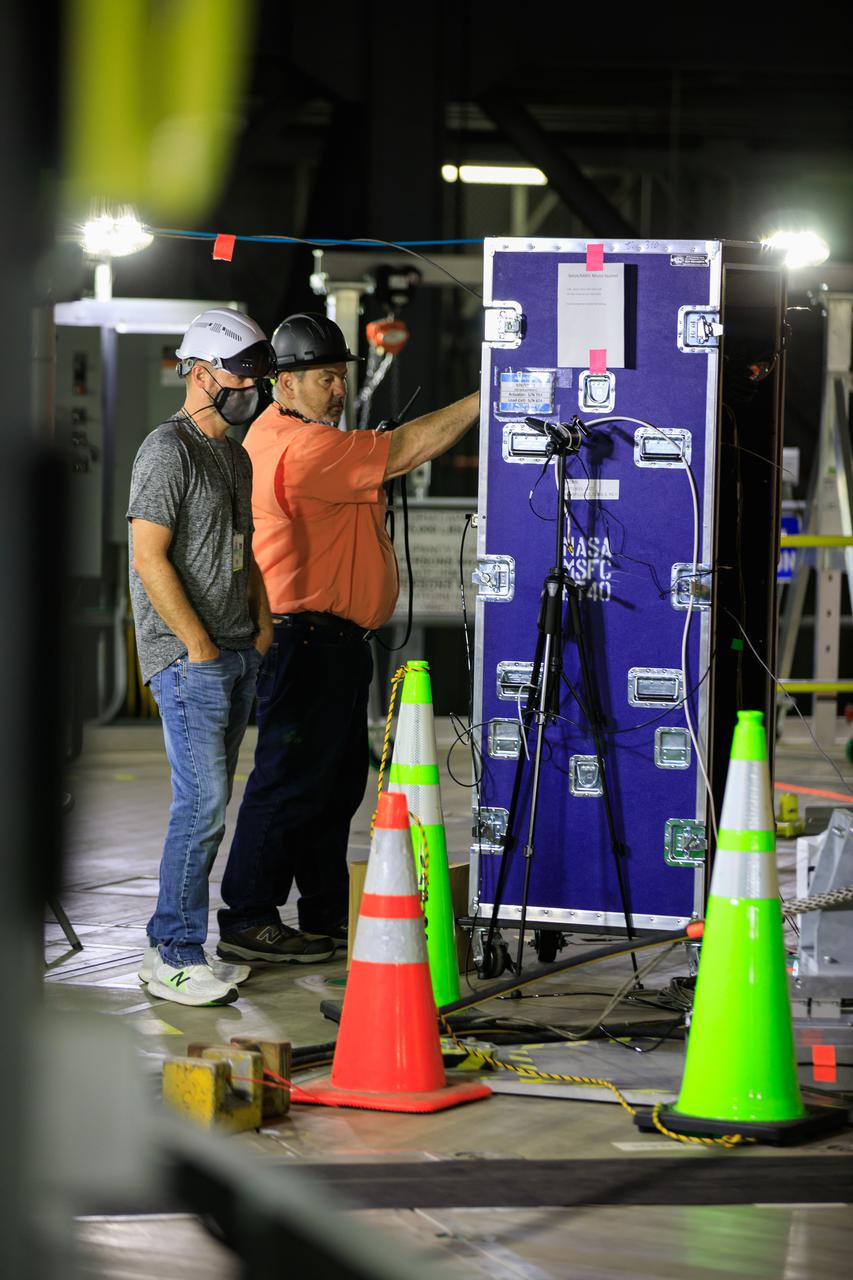 Artemis teams members perform the integrated modal test of the Space Launch System and mobile launcher in High Bay 3 of the Vehicle Assembly Building at NASA’s Kennedy Space Center in Florida on Sept. 24, 2021. The tests will help determine the natural frequencies of the recently stacked rocket before launch of the Artemis I mission. The data also will be used to help steer the rocket during flight. To identify the rocket’s natural frequencies, the team placed about 300 sensors on it and the mobile launcher to detect, record, and transmit the information, along with hydraulic shakers attached to seven locations on the rocket. Artemis I will be the first integrated test of the SLS and Orion spacecraft. In later missions, NASA will land the first woman and the first person of color on the surface of the Moon, paving the way for a long-term lunar presence and serving as a steppingstone on the way to Mars.