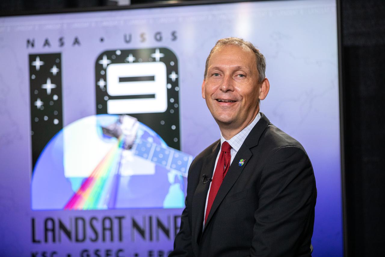 Thomas Zurbuchen, associate administrator, NASA’s Science Mission Directorate, answers questions during a prelaunch news conference for NASA’s Landsat 9 mission at Vandenberg Space Force Station in California on Sept. 25, 2021. Landsat 9 is scheduled to launch at 2:11 p.m. EDT (11:11 a.m. PDT) on Monday, Sept. 27, on a United Launch Alliance Atlas V 401 rocket from Space Launch Complex 3 at Vandenberg. The launch is managed by NASA’s Launch Services Program, based at the agency’s Kennedy Space Center in Florida. Landsat 9 will join its sister satellite, Landsat 8, in orbit in collecting images from across the planet every eight days. This calibrated data will continue the Landsat program’s critical role in monitoring the health of Earth and helping people manage essential resources, including crops, irrigation water, and forests.