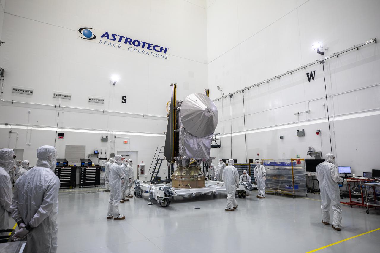 NASA’s Lucy spacecraft is prepared to be moved from the Work Processing Cell to the Airlock inside the Astrotech Space Operations Facility in Titusville, Florida, on Sept. 29, 2021. A United Launch Alliance V 401 rocket roared off the pad at Cape Canaveral Space Force Station’s Space Launch Complex 41 on Oct. 16, 2021, at 5:34 a.m. EDT, carrying Lucy into space. During its 12-year primary mission, Lucy will explore a record-breaking number of asteroids, flying by one asteroid in the solar system’s main belt and seven Trojan asteroids. Lucy is the first space mission to study the Trojan asteroids, which hold vital clues to the formation of our solar system.