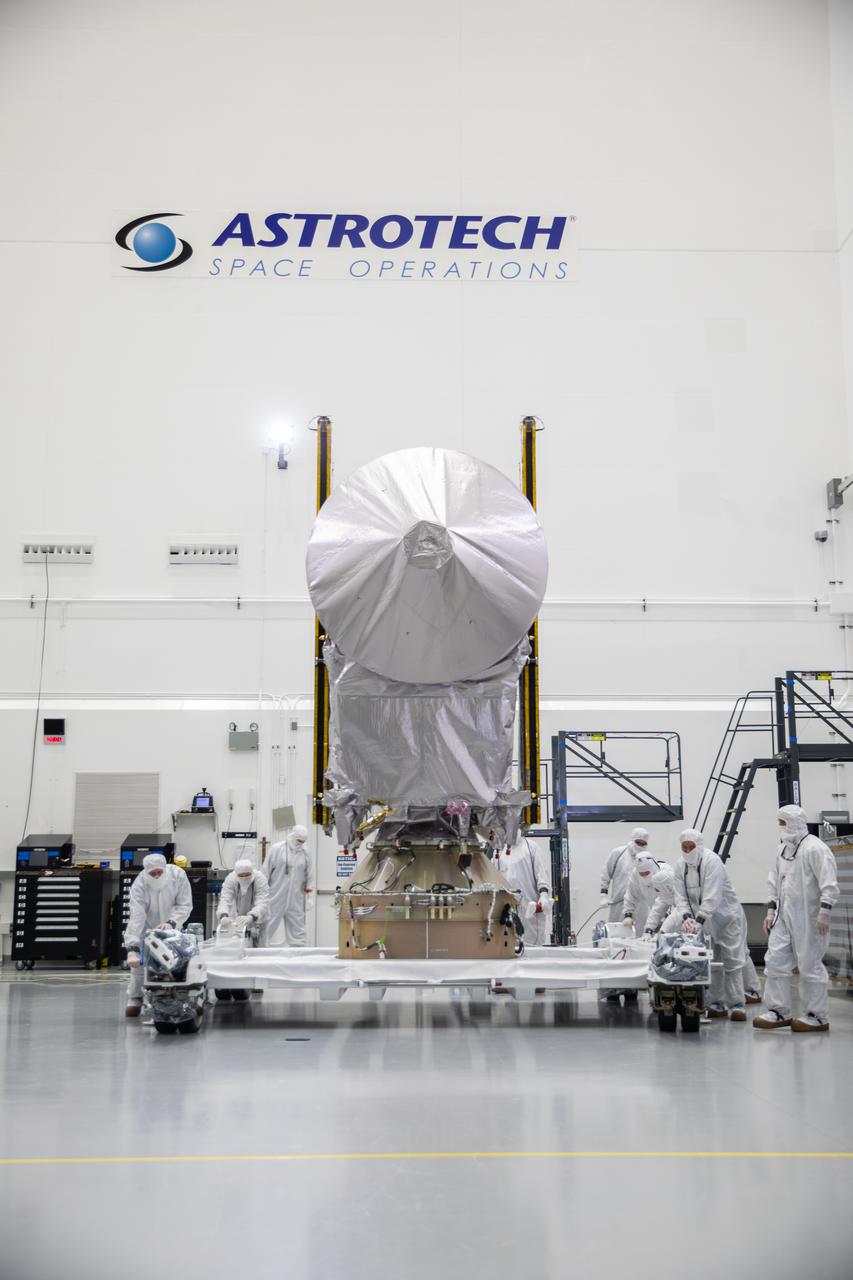 NASA’s Lucy spacecraft is prepared to be moved from the Work Processing Cell to the Airlock inside the Astrotech Space Operations Facility in Titusville, Florida, on Sept. 29, 2021. A United Launch Alliance V 401 rocket roared off the pad at Cape Canaveral Space Force Station’s Space Launch Complex 41 on Oct. 16, 2021, at 5:34 a.m. EDT, carrying Lucy into space. During its 12-year primary mission, Lucy will explore a record-breaking number of asteroids, flying by one asteroid in the solar system’s main belt and seven Trojan asteroids. Lucy is the first space mission to study the Trojan asteroids, which hold vital clues to the formation of our solar system.