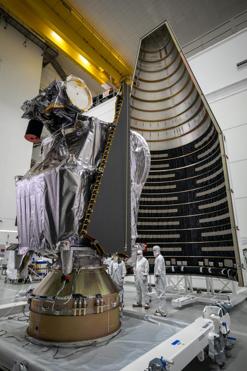 NASA’s Lucy spacecraft is moved from the Work Processing Cell to the Airlock inside the Astrotech Space Operations Facility in Titusville, Florida, on Sept. 29, 2021. A United Launch Alliance V 401 rocket roared off the pad at Cape Canaveral Space Force Station’s Space Launch Complex 41 on Oct. 16, 2021, at 5:34 a.m. EDT, carrying Lucy into space. During its 12-year primary mission, Lucy will explore a record-breaking number of asteroids, flying by one asteroid in the solar system’s main belt and seven Trojan asteroids. Lucy is the first space mission to study the Trojan asteroids, which hold vital clues to the formation of our solar system.