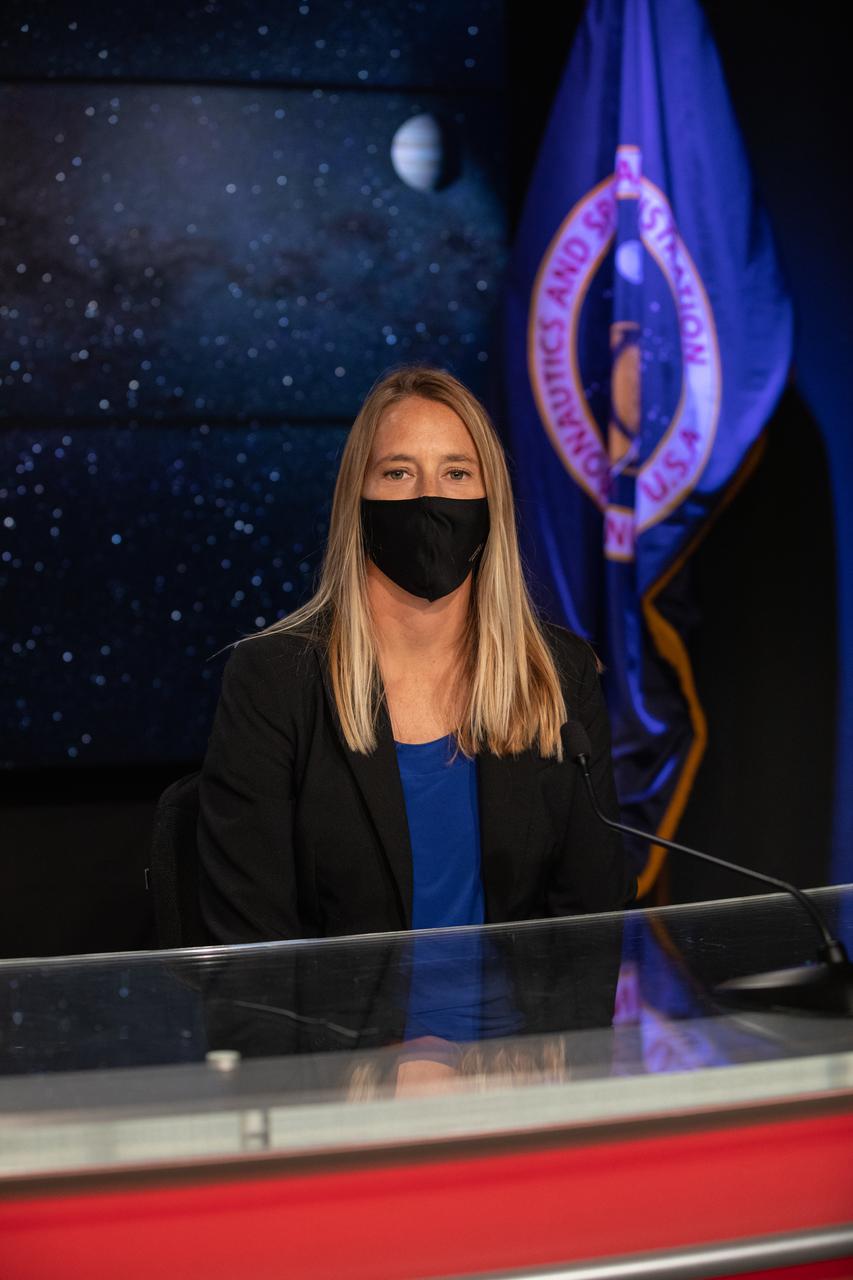 Jessica Williams, Launch Weather Officer, 45th Weather Squadron, Space Launch Delta 45, Cape Canaveral Space Force Station, is introduced during a prelaunch news conference for the Lucy mission held inside the TV Auditorium at NASA’s Kennedy Space Center in Florida on Oct. 13, 2021. The mission is targeted to launch at 5:34 a.m. EDT Saturday, Oct. 16, on a United Launch Alliance Atlas V 401 rocket from Space Launch Complex 41 at Cape Canaveral Space Force Station. NASA’s Launch Services Program, based at Kennedy, is managing the launch. Lucy is the first space mission to study the Trojan asteroids, which hold vital clues to the formation of our solar system.