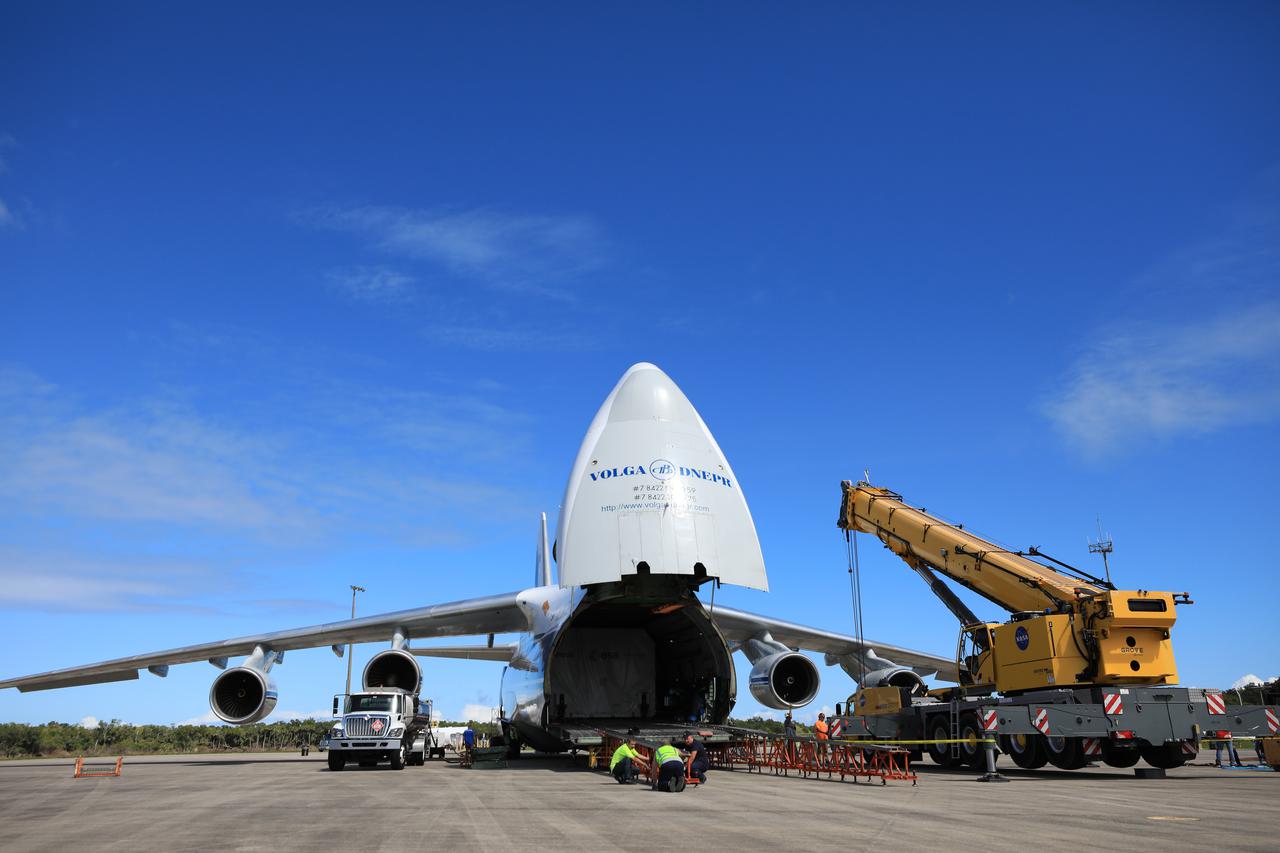 The European Service Module (ESM) for NASA’s Orion spacecraft arrives at the Launch and Landing Facility at NASA’s Kennedy Space Center in Florida on Thursday, Oct. 14, 2021. Making the journey from the Airbus Facility in Bremen, Germany, aboard a Russian Antonov aircraft, the ESM will be transferred to Kennedy’s Neil A. Armstrong Operations and Checkout Facility. There, teams from NASA and Lockheed Martin will integrate the service module with the crew module adapter and crew module, already housed in the facility. The powerhouse that will fuel and propel Orion in space, the ESM will be used for Artemis II, the first Artemis mission flying crew aboard Orion.