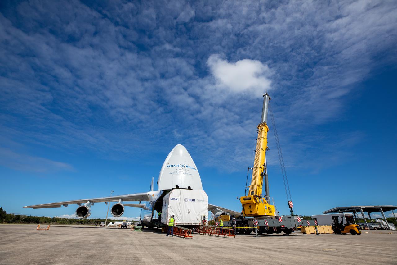 The European Service Module (ESM) for NASA’s Orion spacecraft arrived at the Launch and Landing Facility at NASA’s Kennedy Space Center in Florida on Thursday, Oct. 14, 2021, and was offloaded. Making the journey from the Airbus Facility in Bremen, Germany, aboard a Russian Antonov aircraft, the ESM will be transferred to Kennedy’s Neil A. Armstrong Operations and Checkout Facility. There, teams from NASA and Lockheed Martin will integrate the service module with the crew module adapter and crew module, already housed in the facility. The powerhouse that will fuel and propel Orion in space, the ESM will be used for Artemis II, the first Artemis mission flying crew aboard Orion. Teams with the European Space Agency and Airbus built the service module. 