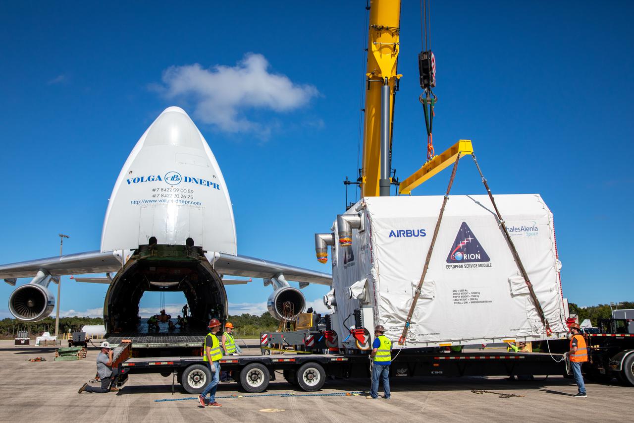 The European Service Module (ESM) for NASA’s Orion spacecraft arrived at the Launch and Landing Facility at NASA’s Kennedy Space Center in Florida on Thursday, Oct. 14, 2021, and was offloaded. Making the journey from the Airbus Facility in Bremen, Germany, aboard a Russian Antonov aircraft, the ESM will be transferred to Kennedy’s Neil A. Armstrong Operations and Checkout Facility. There, teams from NASA and Lockheed Martin will integrate the service module with the crew module adapter and crew module, already housed in the facility. The powerhouse that will fuel and propel Orion in space, the ESM will be used for Artemis II, the first Artemis mission flying crew aboard Orion. Teams with the European Space Agency and Airbus built the service module. 