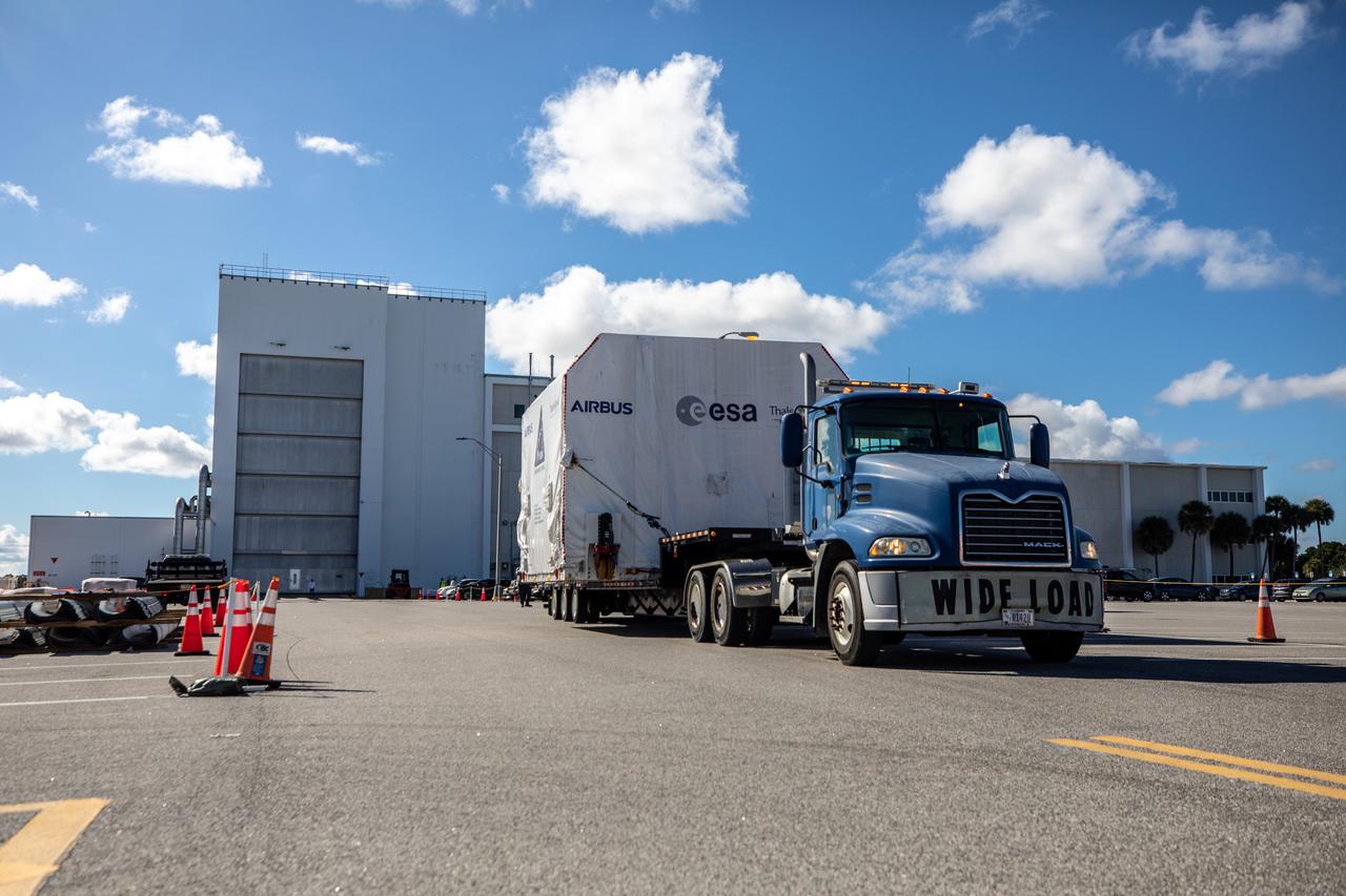 The European Service Module (ESM) for NASA’s Orion spacecraft arrived at the Neil A. Armstrong Operations and Checkout Facility at Kennedy Space Center in Florida on Oct 14, 2021. Earlier in the day the ESM arrived at the Launch and Landing Facility at Kennedy after making the journey from the Airbus Facility in Bremen, Germany, aboard a Russian Antonov aircraft. There, teams from NASA and Lockheed Martin will integrate the service module with the crew module adapter and crew module, already housed in the facility. The powerhouse that will fuel and propel Orion in space, the ESM will be used for Artemis II, the first Artemis mission flying crew aboard Orion. Teams with the European Space Agency and Airbus built the service module. 